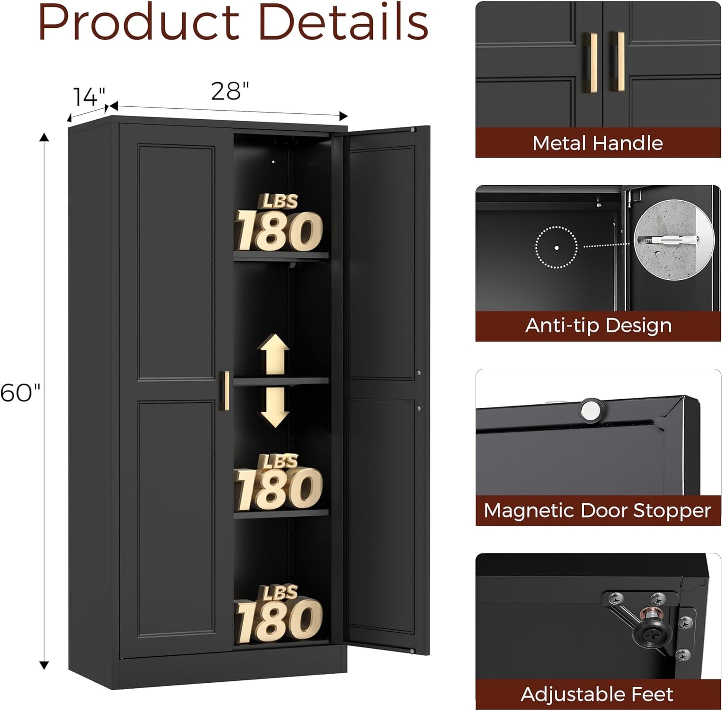 60" Tall Metal Pantry Cabinet, Black Kitchen Pantry Storage Cabinet with Doors and 3 Adjustable Shelves, Cupboard for Kitchen, Dining Room, Living Room, Bathroom