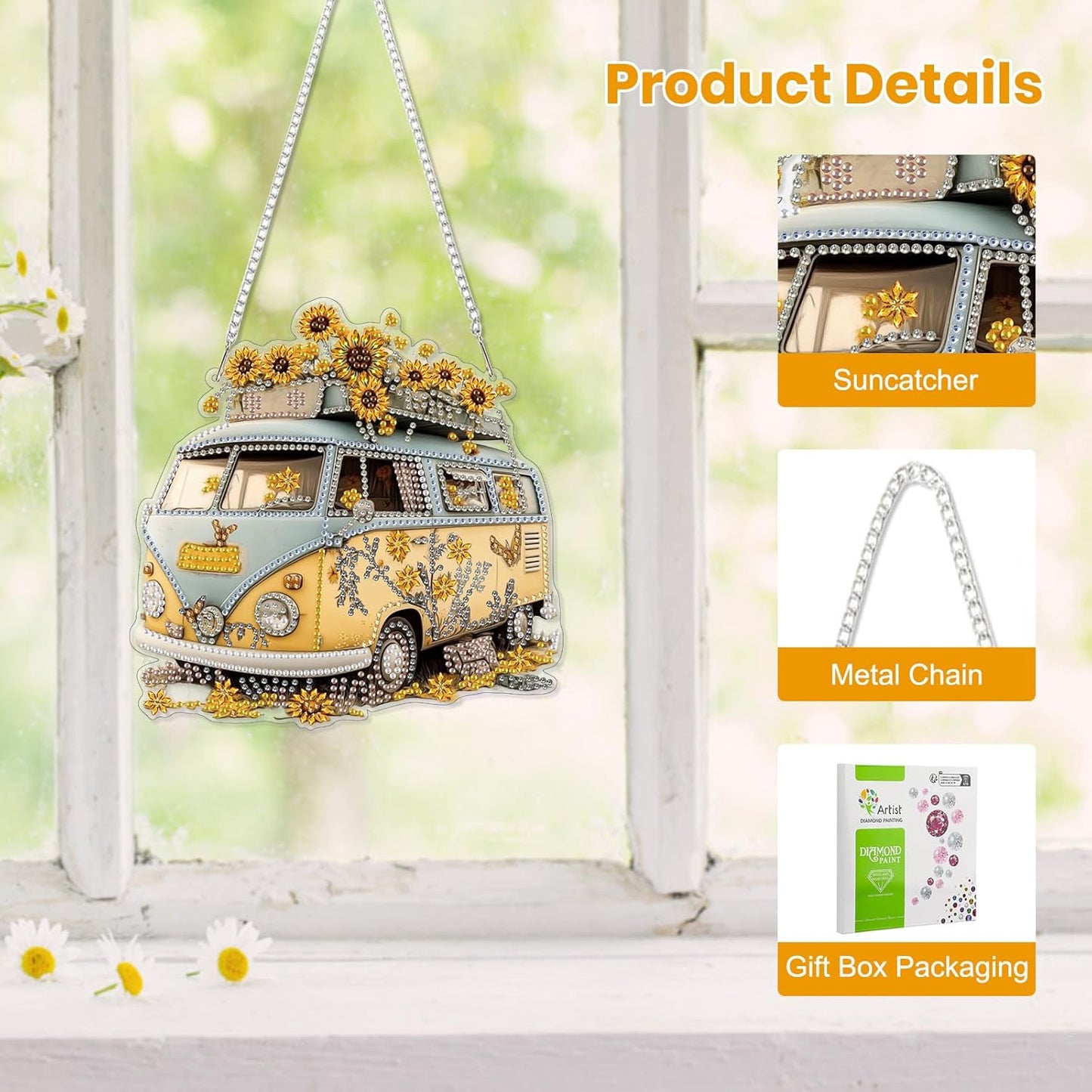 EOBROMD Diamond Hanging Art Kits for Adults, Travel Bus Suncatcher Diamond Art Painting, DIY Special Shaped Rhinestone Kits for Adults, Window Pendants Home Garden Wall Hanging Ornament