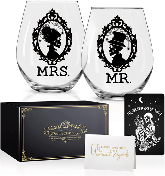 Perfectinsoy Skull Wine Glass 2 Piece with Gift Box, Zombie Design, Valentine's Day Autumn Halloween, Anniversary Wedding Gifts, Couple Gifts for Boyfriend and Girlfriend. (Mrs Mr Set of 2)