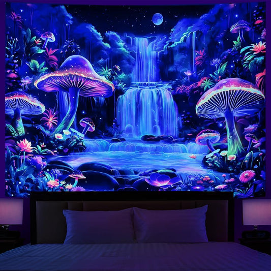 Dermijer Blacklight Tapestry Fantasy Mushroom Forest Tapestry UV Reactive Waterfall Tapestries Moon Night Neon Flower Landscape Wall Hanging for Home Decor L92.5×W70.8