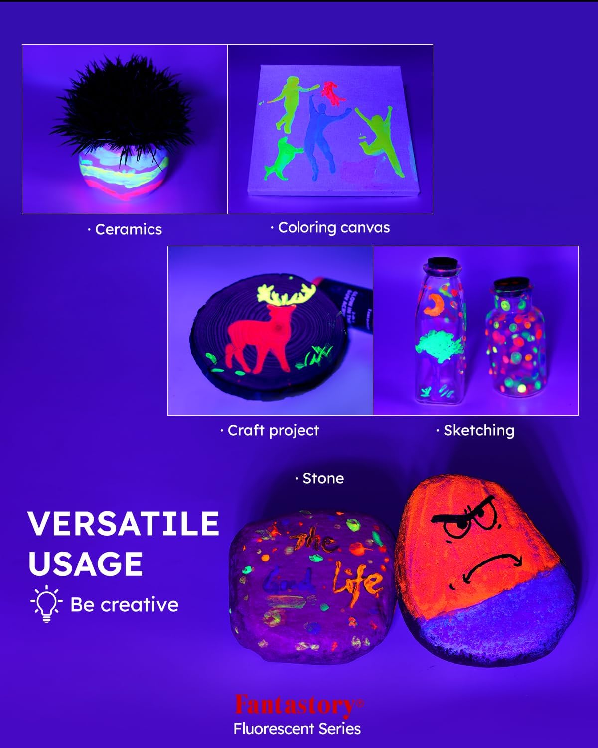 Fantastory Fluorescent Glow in the Dark Paint,60ml /2oz,Neon Colors Glow Acrylic Paints; Waterproof Blacklight Paint for Outdoor Rock,Wood,DIY Craft,Canva,Pumpkin,Halloween,Holiday Decor