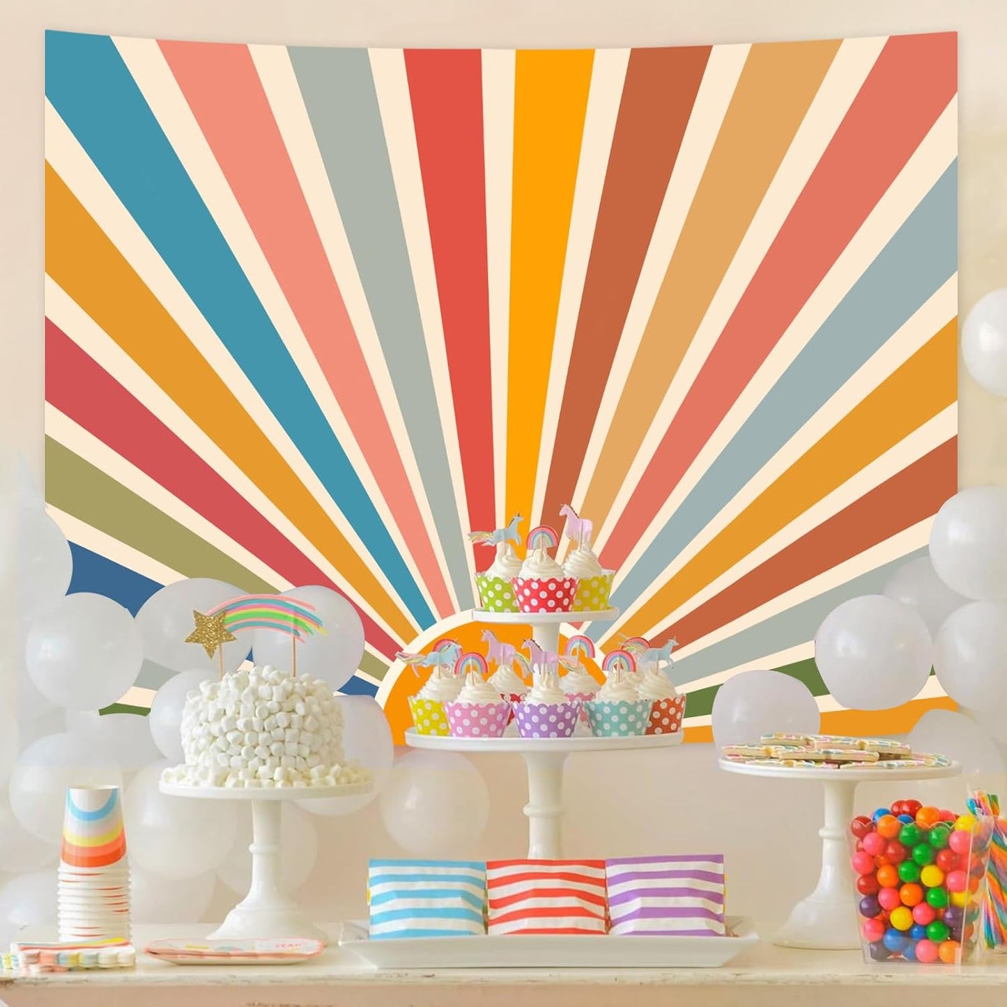 Kanuyee Boho Burning Sun Tapestry Wall Hanging, Retro 70s Abstract Vintage Geometric Rainbow Sunrise Tapestries for Bedroom Living Room Backdrop 36×48 inch