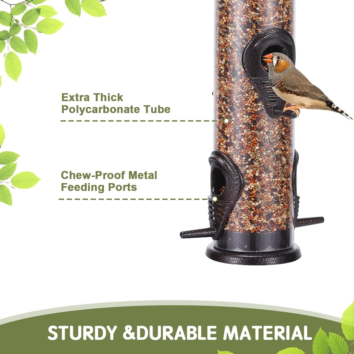 MIXXIDEA 2PK Metal Wild Bird Feeder Squirrel Proof Bird Feeders for Outside Hanging 6 Port Tube Bird Feeder Transparent Finch Feeder with Steel Hanger (Coffee)