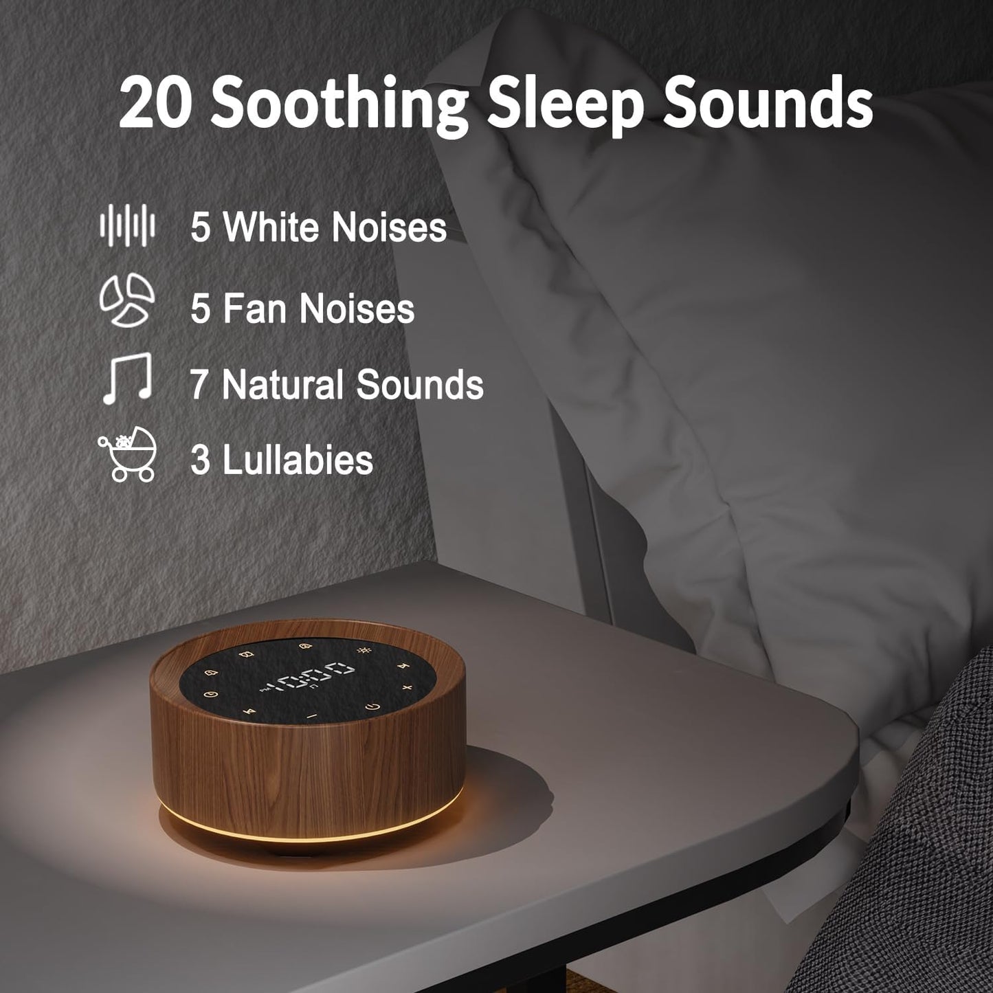 White Noise Sound Machine Alarm Clock 7 Color Night Light Sound Machine for Adult/Baby 20 Soothing Sound 31 Level Volume 6 Level Screen Brightness 5 Timer Set Memory Function Touch Control Wood Grain