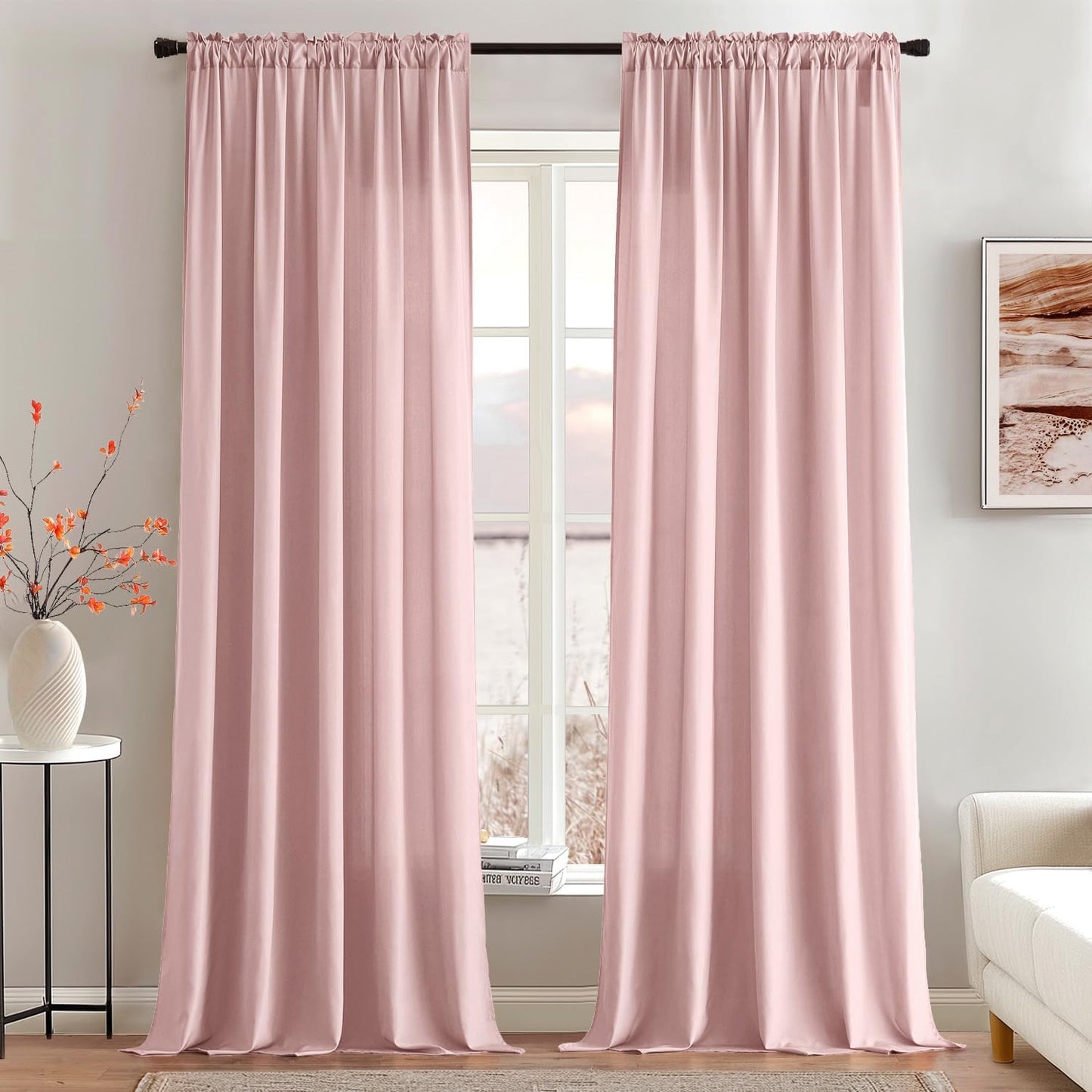 MIULEE Baby Pink Privacy Sheer Curtains That Let Light in 96 Inches Long Non-See-Through Semi Sheer Curtain Light Filtering Window Curtains Drapes for Living Room Bedroom 2 Panels Set 42 X 96