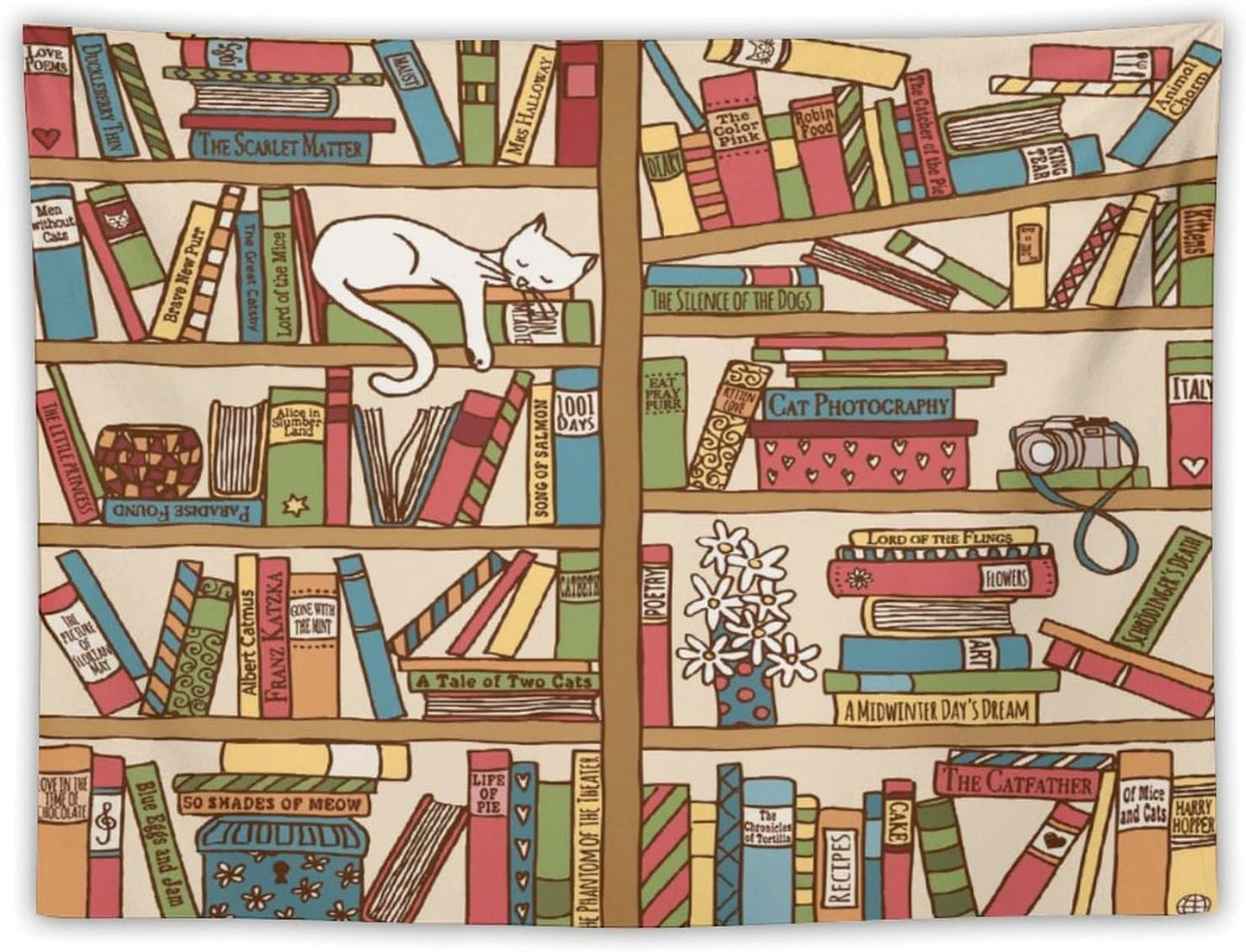 Kurtect Bookshelf Tapestry,Cute Cartoon Cat Sleeping Library Theme Pattern Print Tapestries for Party Beach Picnic Blankets Tablecloths Living Room Wall Deocr, 30x40 in