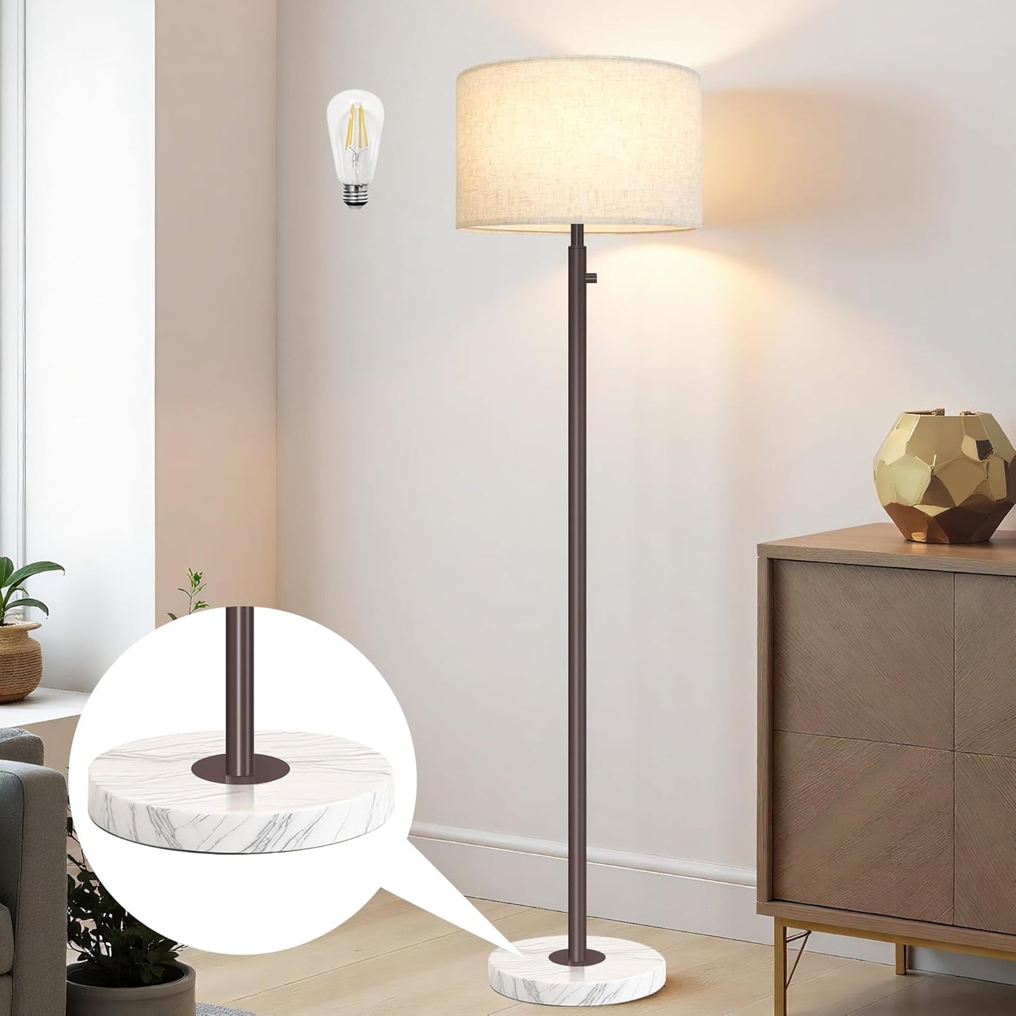 Floor Lamp for Living Room,Dimmable Gold Floor Lamp,Modern Standing Lamp with Marble Base,Tall Standing Lamp for Bedroom, Reading,Office & Kids' Room,LED Bulb Included(Brown)