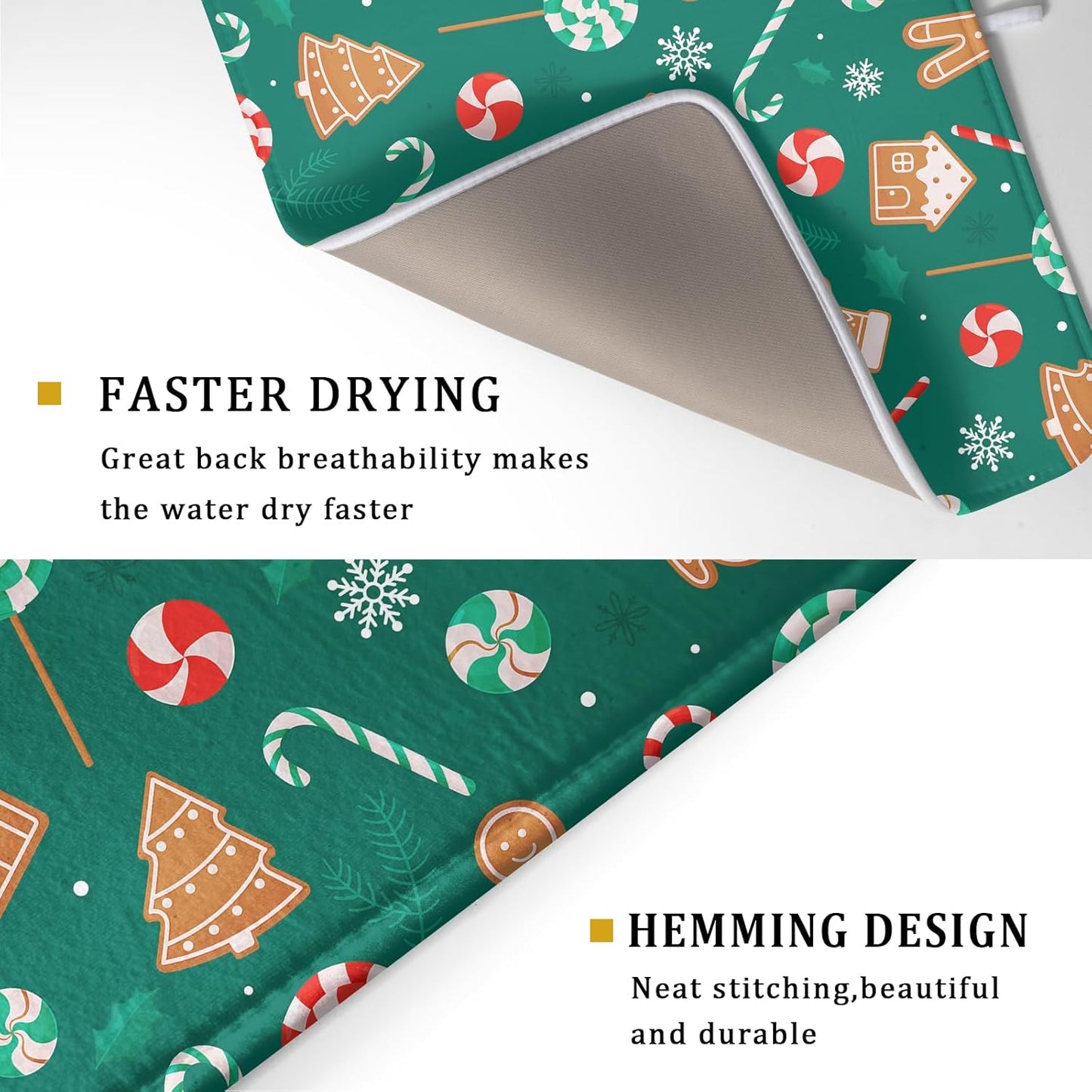 Gingerbread Dish Drying Mat for Kitchen Counter Holiday Green Super Absorbent Reversible Microfiber Kitchen Countertop Protector Dishes Pad Large 18x24 inch