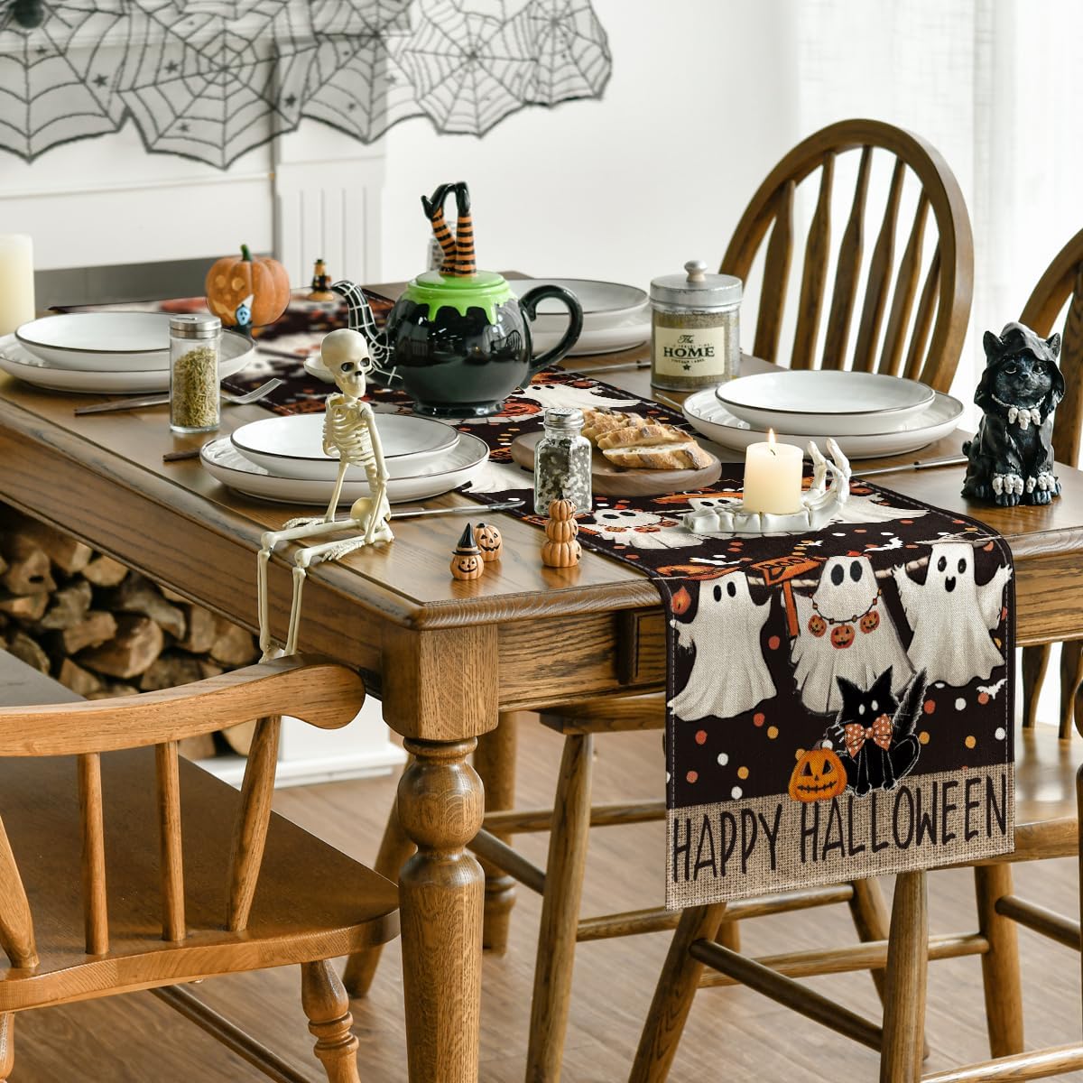 Artoid Mode Ghost Jack-O'-Lantern Black Cat Halloween Table Runner,Holiday Kitchen Dining Table Decoration for Home Party Decor 13 x 72 Inch