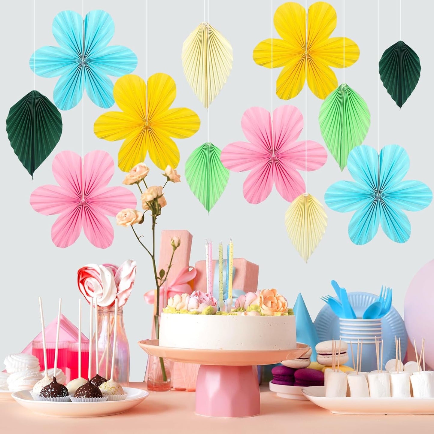 ADLKGG Paper Flowers Leaves Fan Party Decorations, Hanging Flower Wall Backdrop for Classroom Decor, Spring Party Decorations, Wedding, Tropical Jungle Forest Birthday, Fiesta Party, 12pcs
