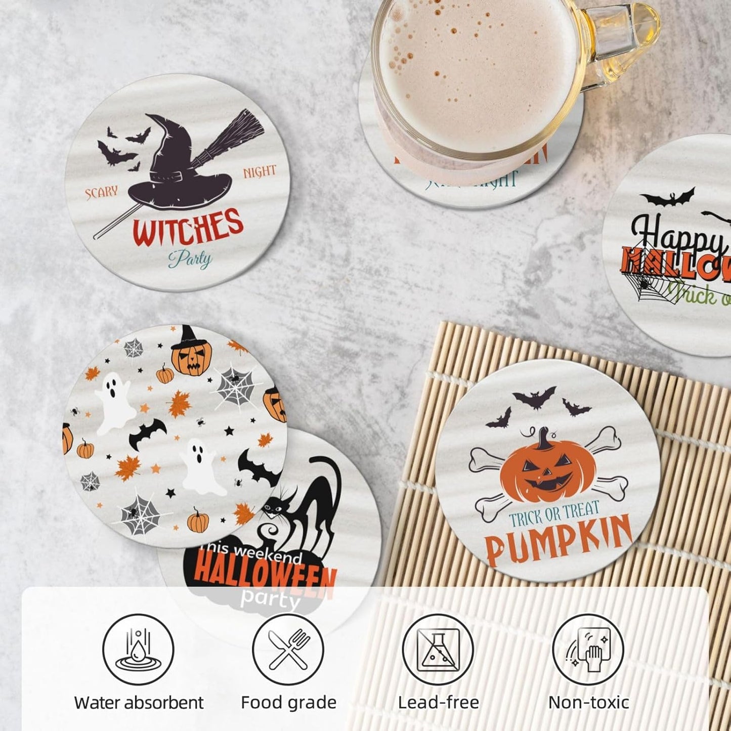 6 PCS Halloween Coasters with Metal Holder and Cork Base Ceramic Drink Coasters Absorbent Cup Mat Non-Slip for Home Kitchen Office Table Decor, 4 Inch Halloween 1