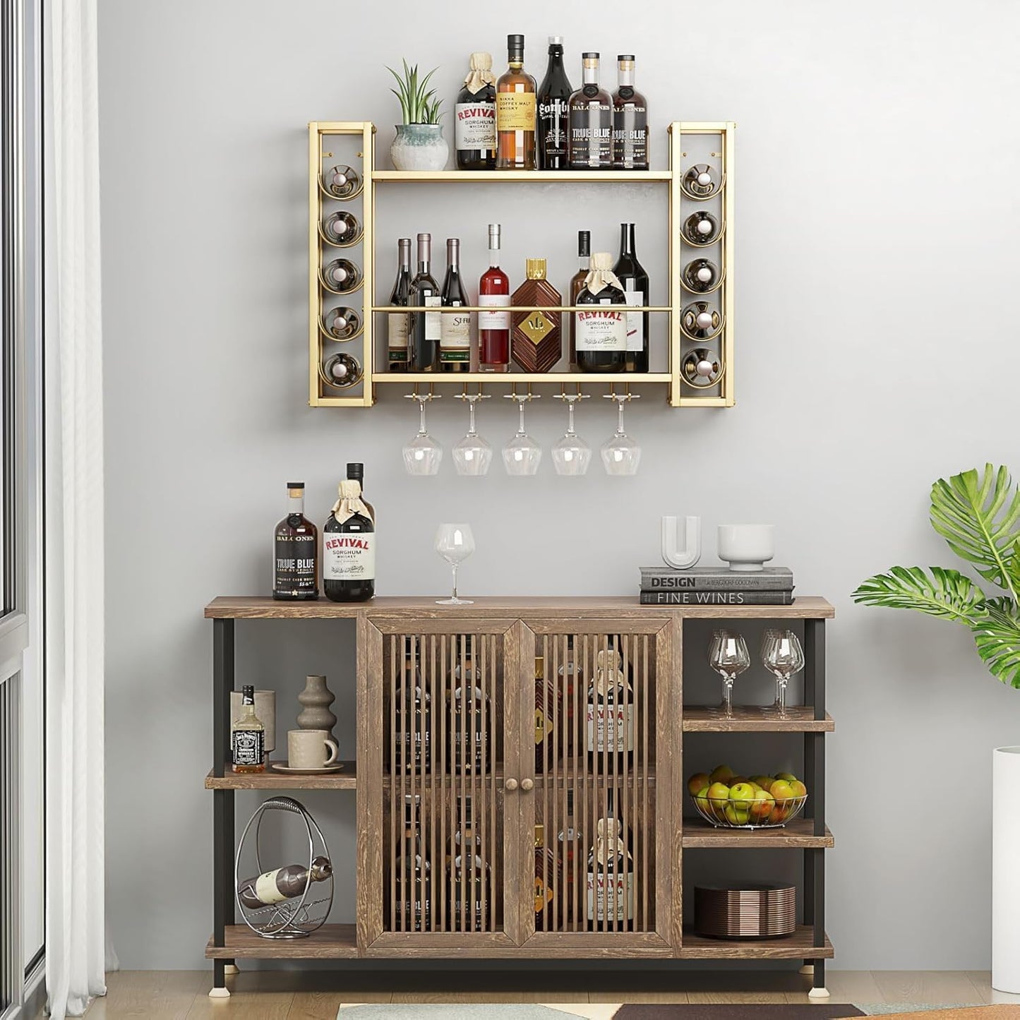 Wall Mounted Wine Rack, Hanging Floating Bar Liquor Shelves with Glass Holder, Metal Bottle Holder Wine Storage Display Shelf for Home Bar, Gold (40”W x 9.8”D x 21.65”H)