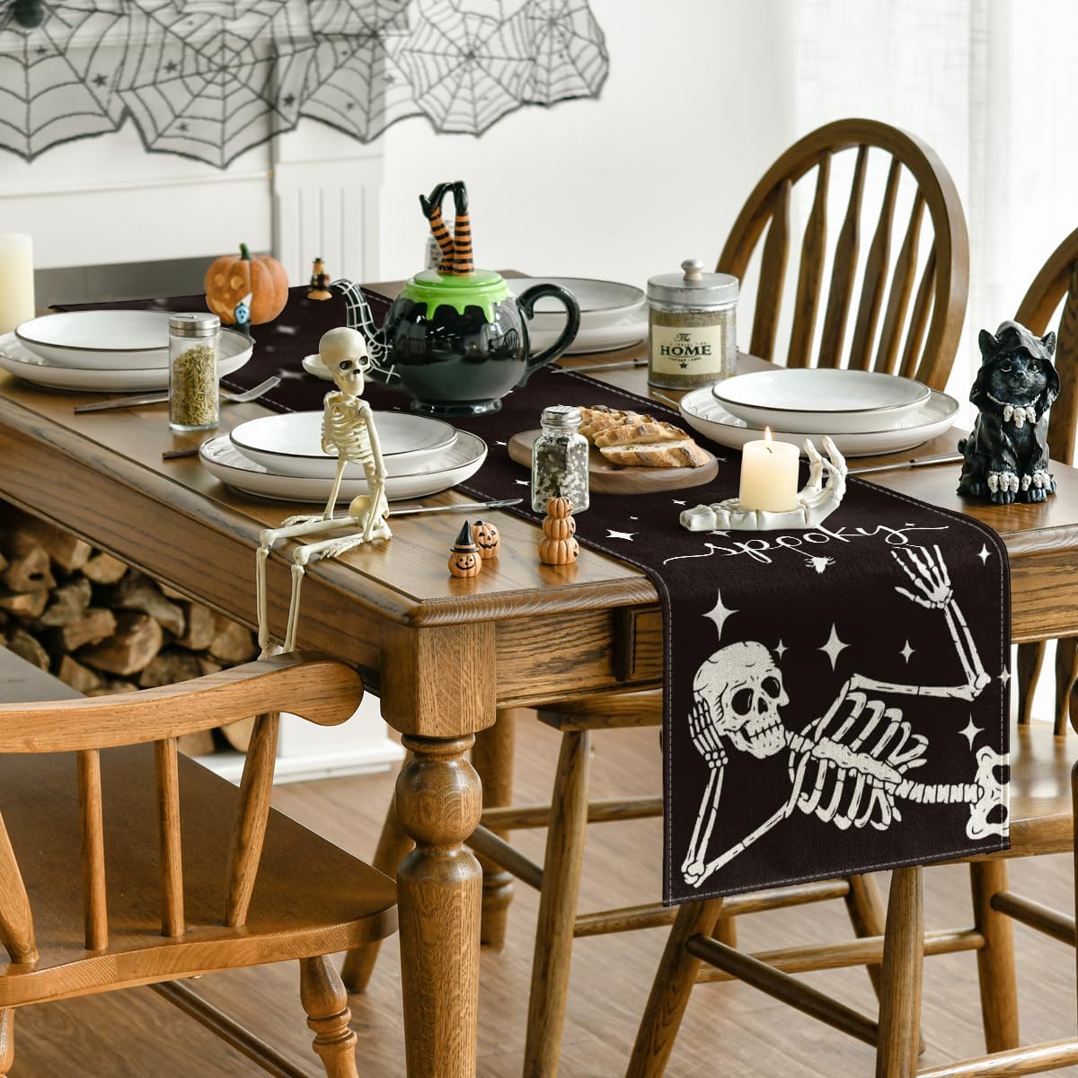 Artoid Mode Spooky Skeleton Spider Bone Halloween Table Runner, Holiday Kitchen Dining Table Decoration for Home Party Decor 13 x 90 Inch