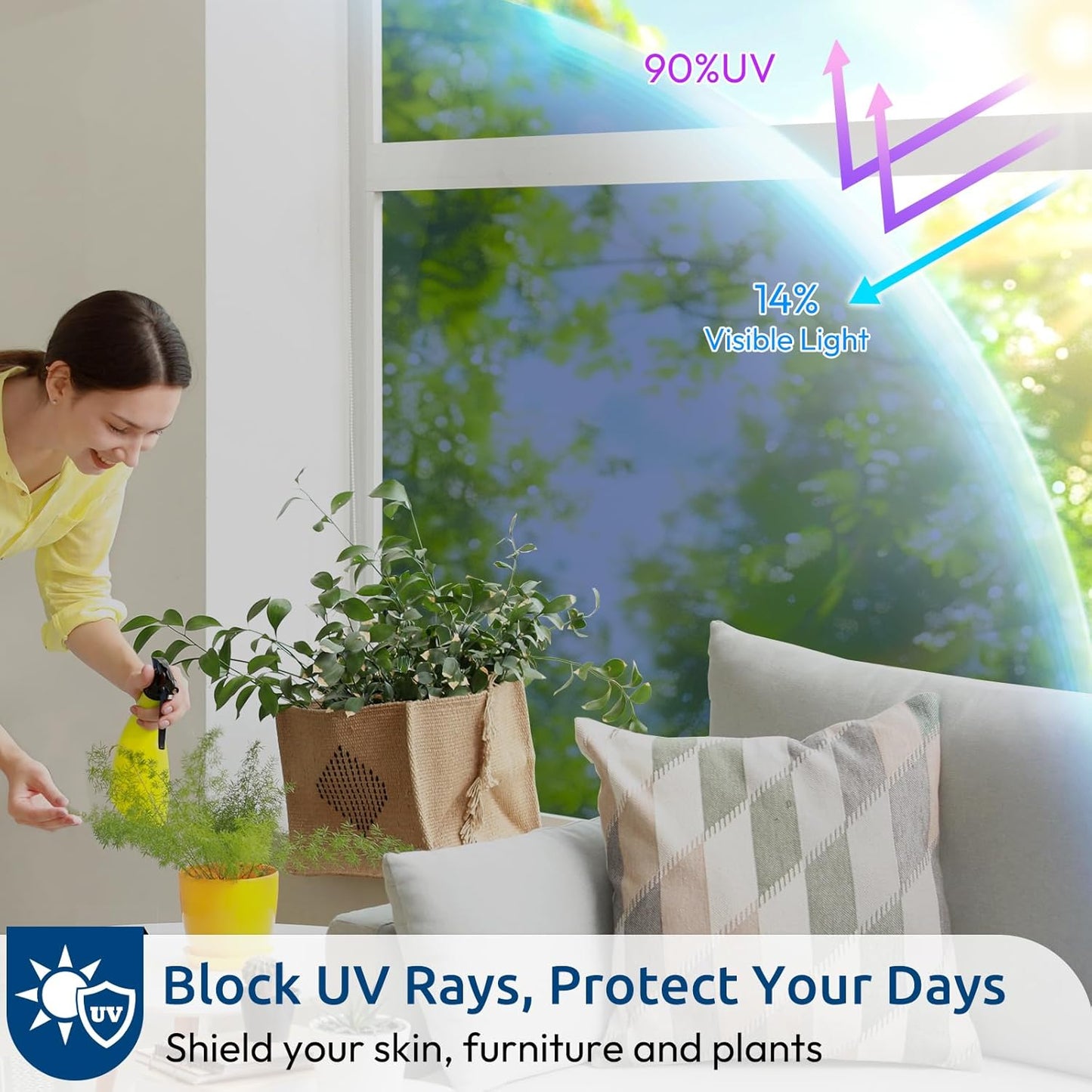 rabbitgoo Window Privacy Film One Way Window Tint for Home, Removable Reflective Heat Sun Blocking Anti UV Glass Door Covering, Mirror Tinting Film House Office, 17.5 in X 6.5 Feet, Blue Silver