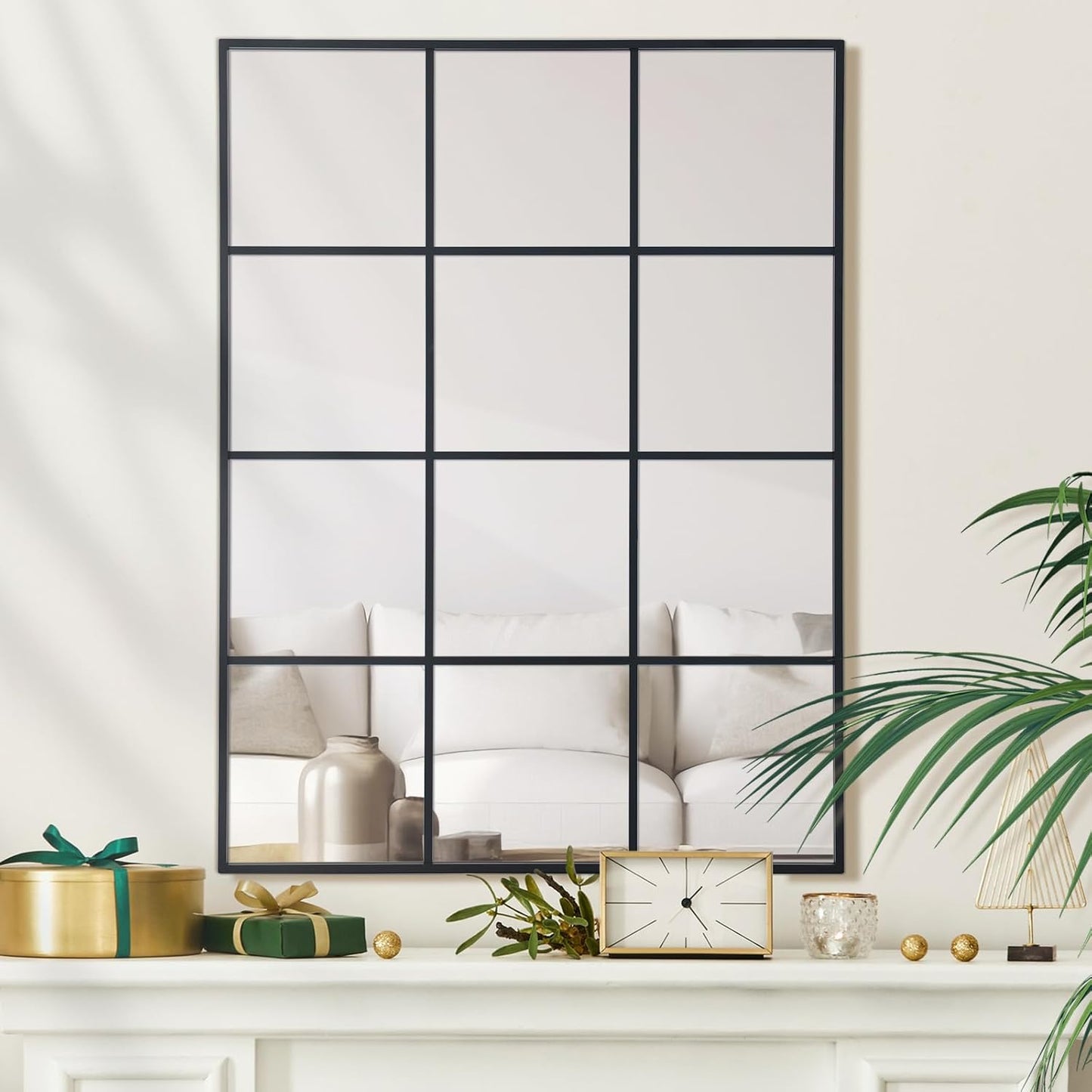 Windowpane Wall Mirror 30"x40" Black Wall Mounted Art Pane Mirror Farmhouse Decorative Mirror Leaning Hanging Wall Mirror for Bedroom Living Room Entryway Hallway Wall Decor