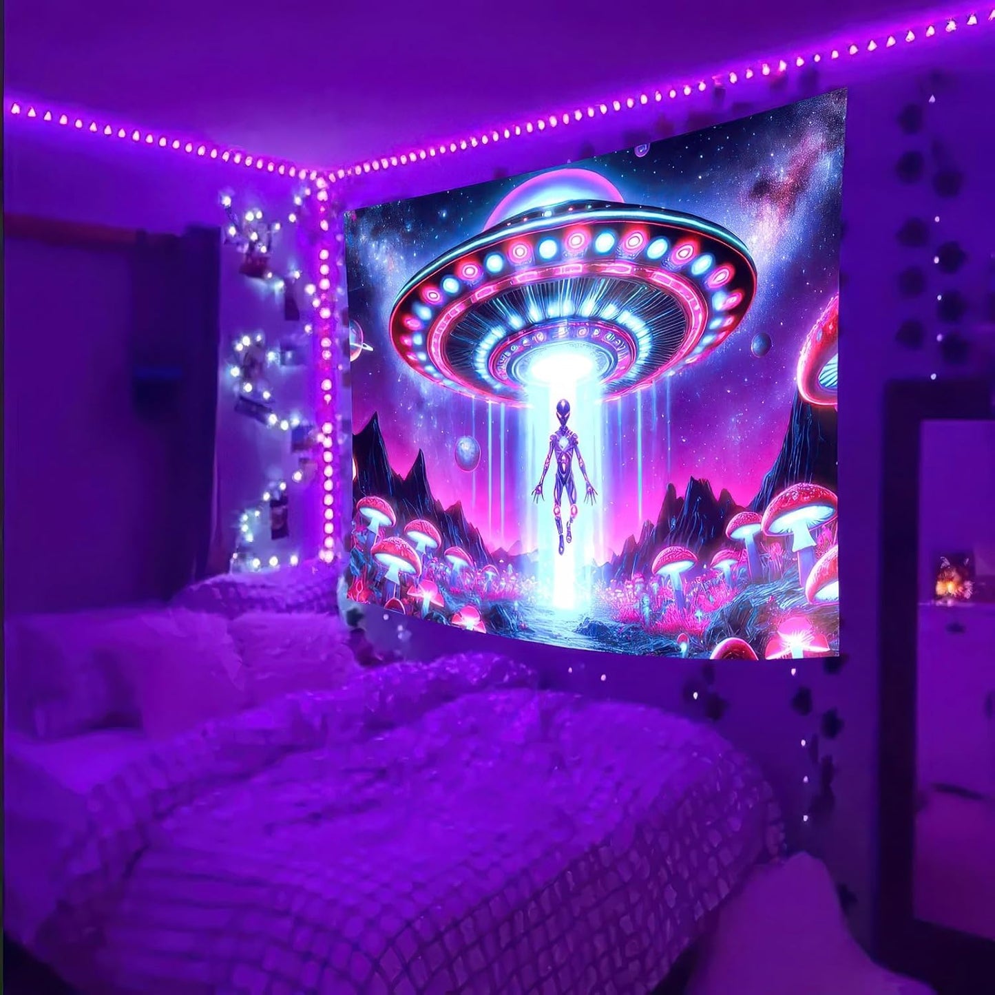 BlissYard Black Light Tapestry UFO Encounter Fluorescent Wall Hanging Tapestry 78x59 Inches Bedroom, Living Room, Themed Events