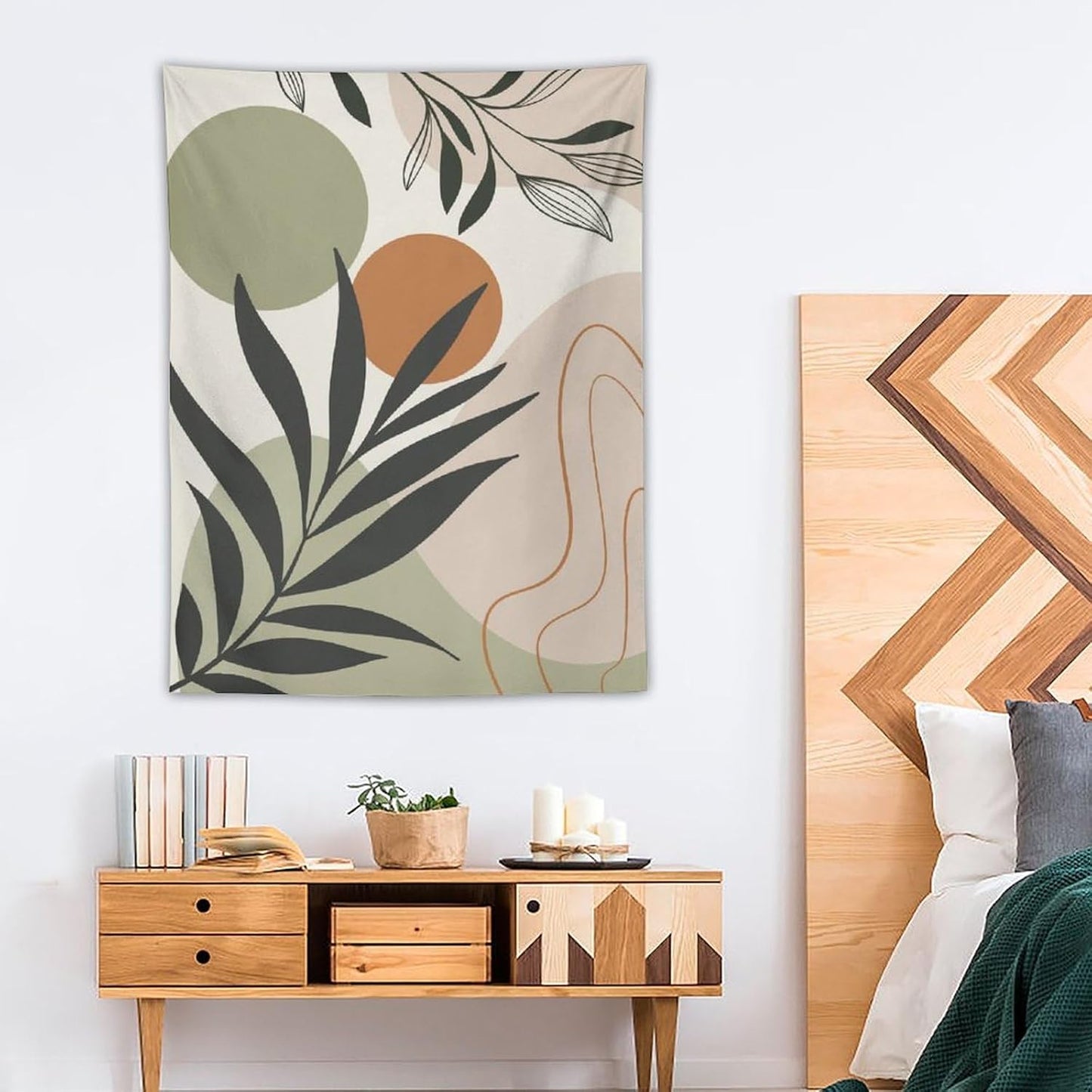 Abstract Bohemian Mid Century Tapestry, Tropical Leaves Modern Geometric Archway Minimalist Bohemian Botanical Aesthetic Wall Hanging, Sage Green Gold Home Decor Art for Bedroom 30x40 Inch
