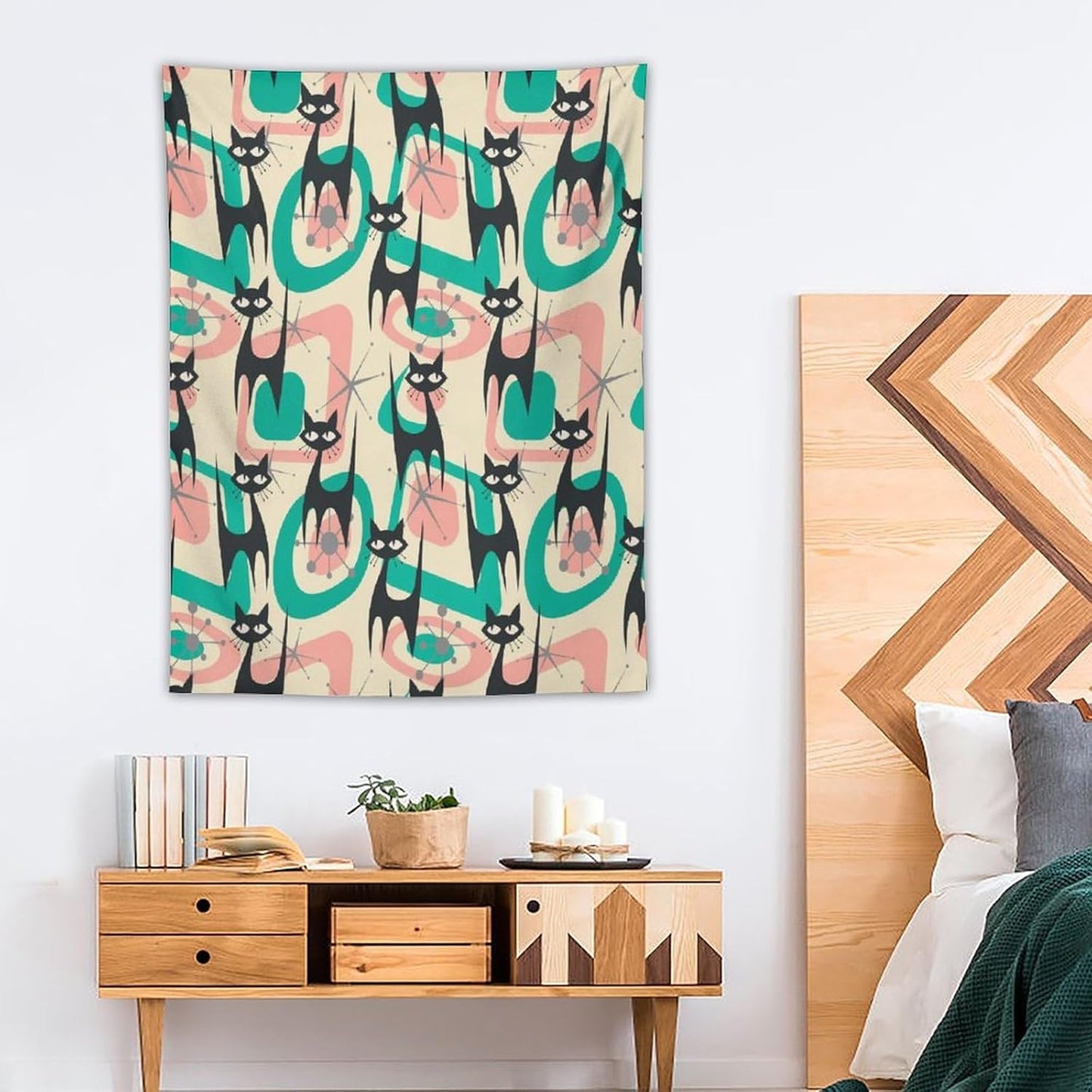 ICMOLYYENLO Boho Medieval Cat Tapestry, Abstract Atomic Starburst Geometric Aesthetic Art Wall Hanging For Bedroom Living Room Dormitory 40x60 Inches