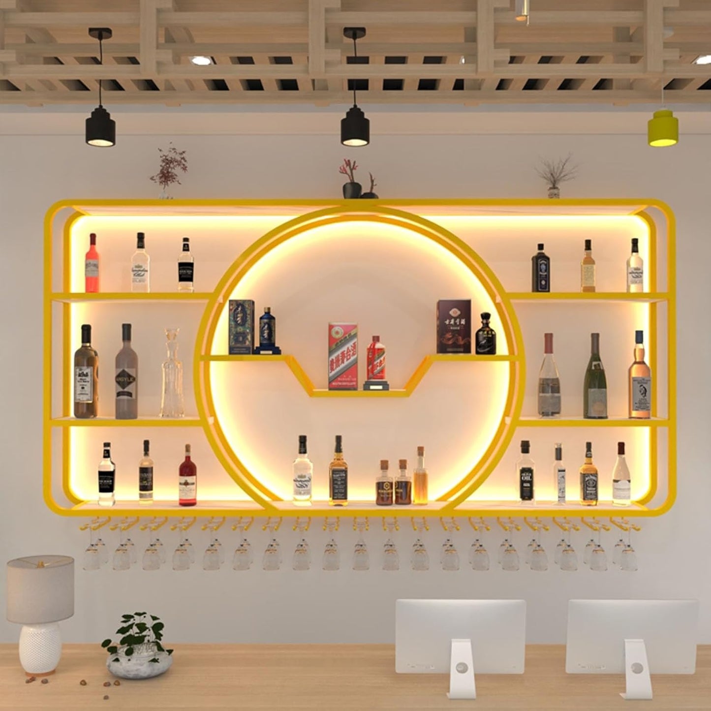 3-Tiers Metal Wine Rack Wall Mounted Modern With LED Light With Wine Glass Holder Large Liquor Bar Display Shelf,Bar Bottle Display Shelf Wine Cups Hanging Holder For Kitchen Living Room Home Decor(Bl