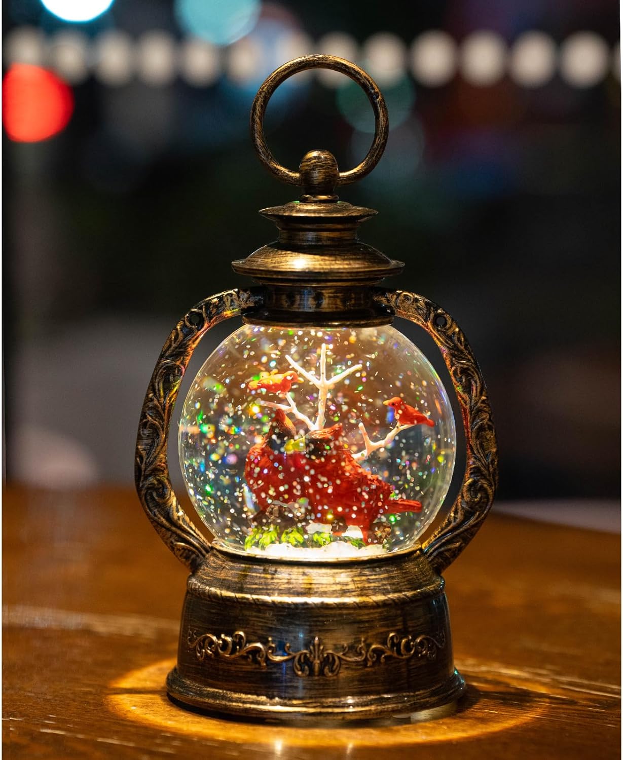 Christmas Snow Globe Lantern Water Glittering Cardinal with Music, USB Lined/Battery Operated Lighted Lantern for Christmas Festival Decoration Gifts