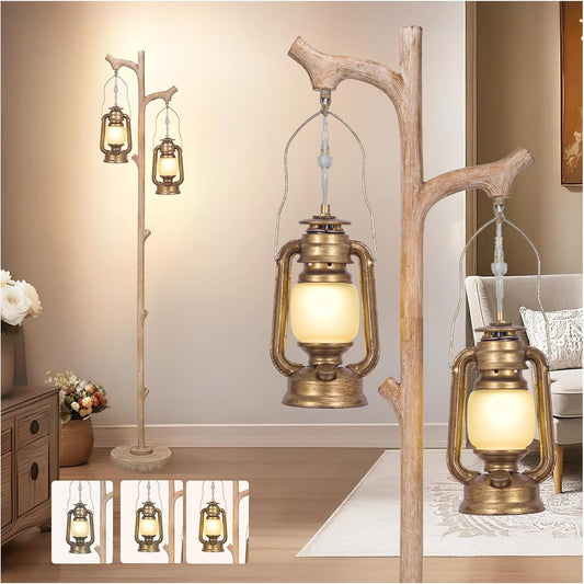 Scenekoy Vintage 68” Tall Floor Lamp with Lanterns, Retro Standing Lamp Tree Trunk Finish & Resin Body, Rustic Dimmable Corner Lamp Stand Up Light with Bulb Prefer for Living Room Bedroom Home Decor