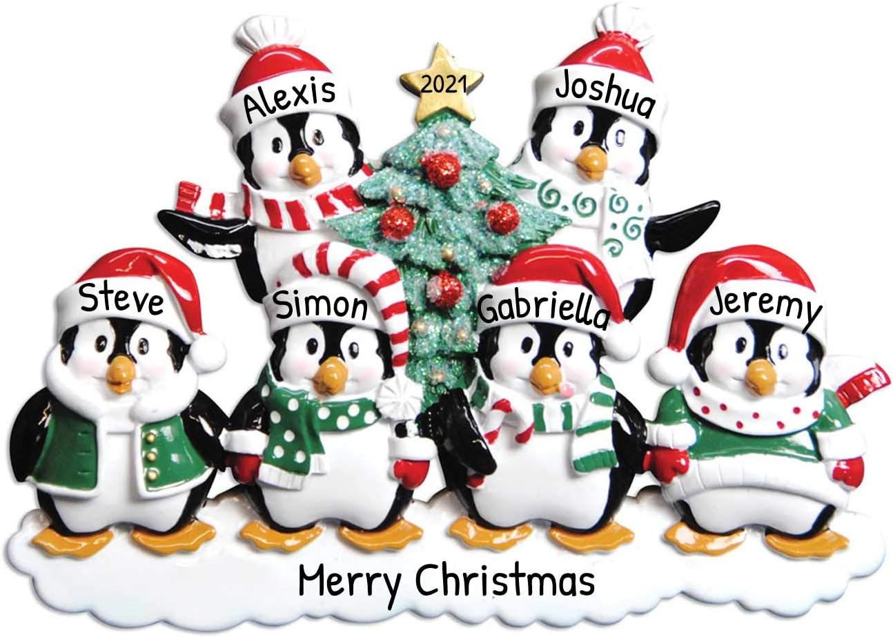 3D Penguin Family of 6 Ornament 2025 Personalized Family Christmas Ornaments 2025 | Snowy Xmas Tree Holiday Penguins Personalized Tree Ornaments for Grandchildren Siblings & Grandkids of Six Ornament