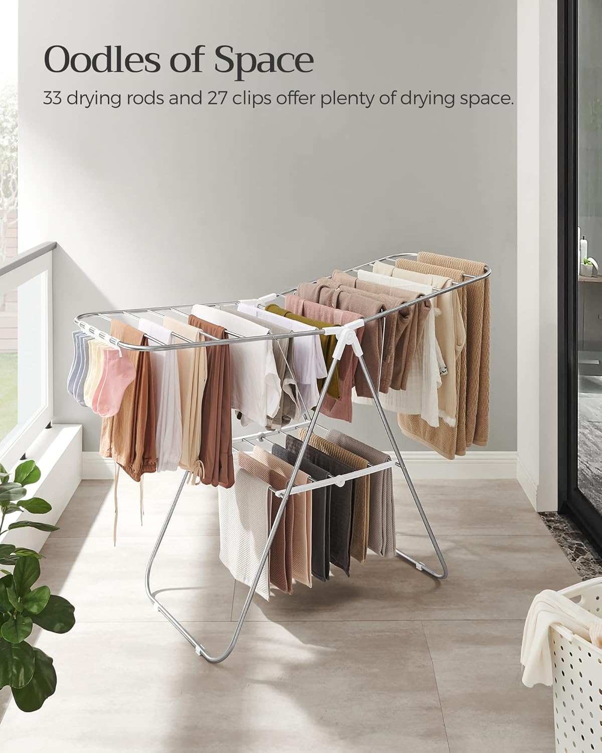 SONGMICS Clothes Drying Rack, with Sock Clips, Metal Laundry Rack, Foldable, Space-Saving, Free-Standing Airer, with 2 Height-Adjustable Gullwings, Indoor Outdoor Use, Silver and White ULLR052W01
