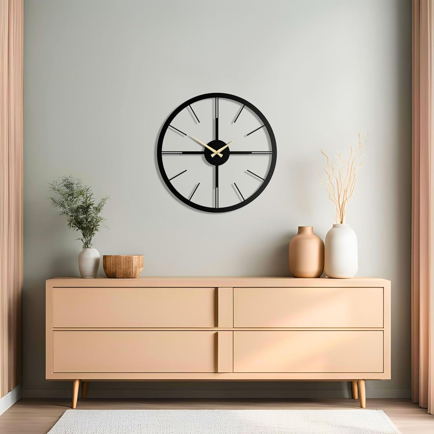 pluviart Rain Minimalist Metal Wall Clock, Modern Black Metal Wall Clock, Silent Non-Ticking Decorative Clock for Living Room, Kitchen, Office, Industrial-Style Wall Decor, Easy to Hang (19,3")