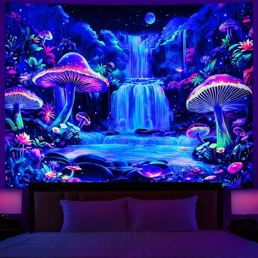 Dermijer Blacklight Tapestry Fantasy Mushroom Forest Tapestry UV Reactive Waterfall Tapestries Moon Night Neon Flower Landscape Tapestries Wall Hanging for Home Decor L59.1×W51.2