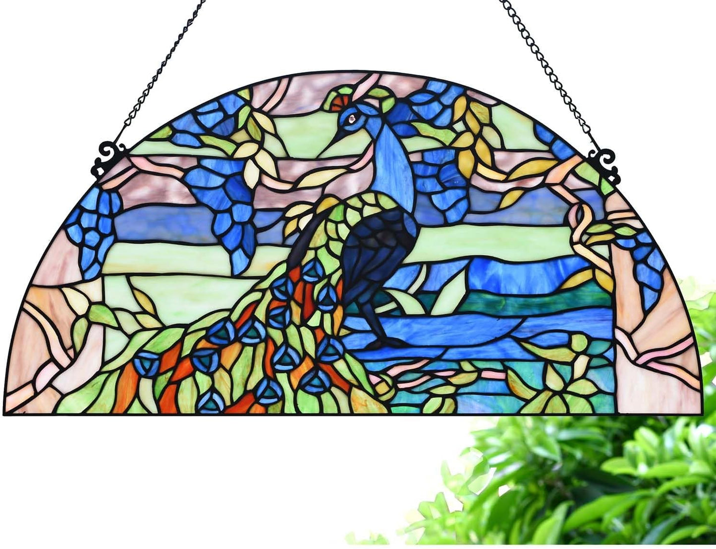 Bieye W10093 Peacock in Garden Tiffany Style Stained Glass Window Panel for Home Decor (Blue, 24Wx12H Half-Round)