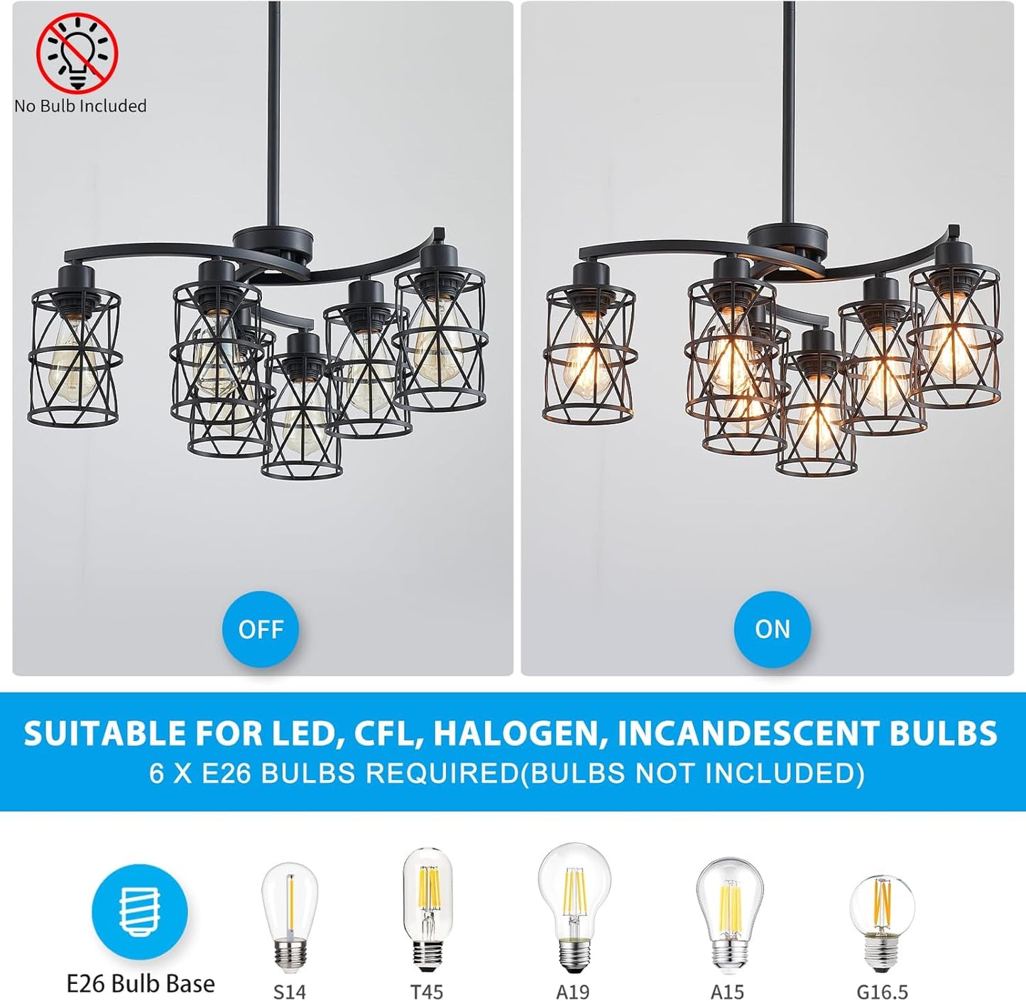 XINGQI Modern Black Chandelier 6-Light Pendant Lighting Fixture with Metal Shade 24" Height Adjustable for Dining Room Living Room Bedroom