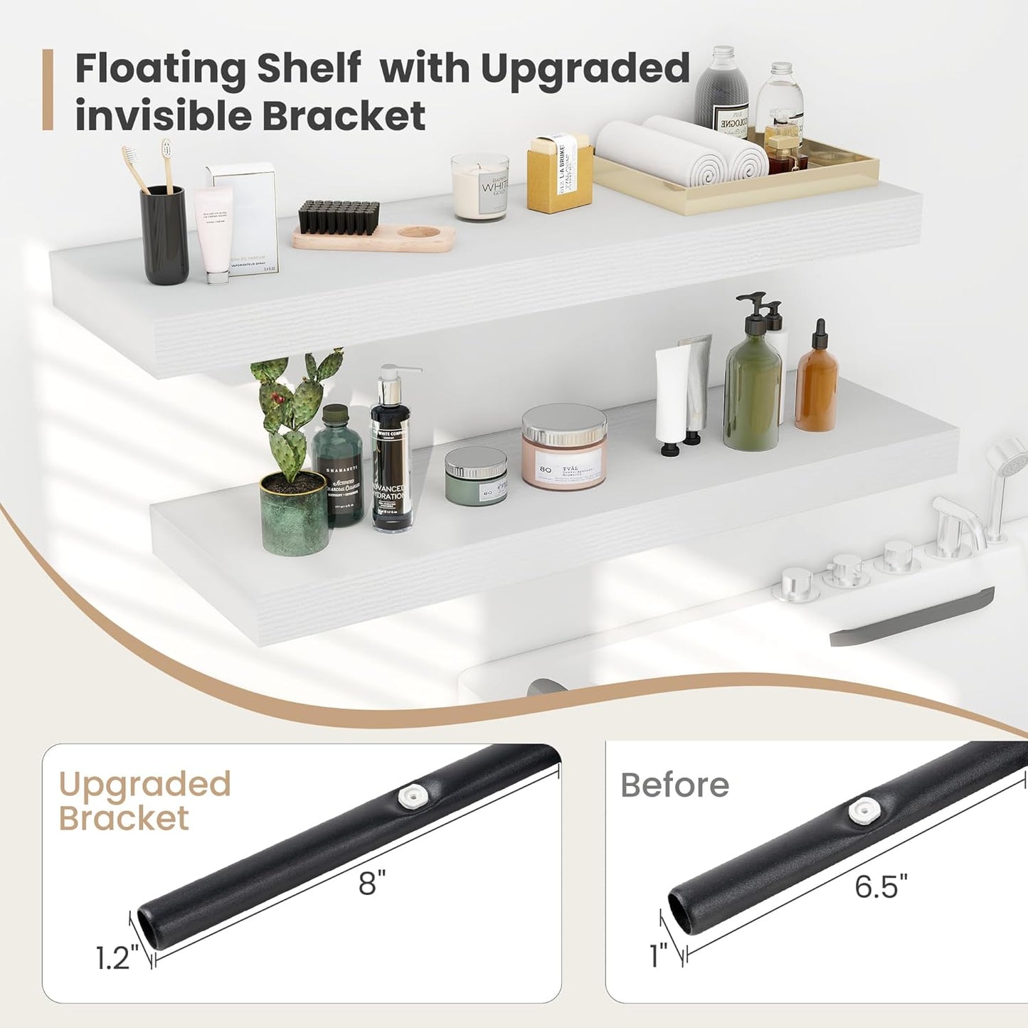 Heimlove 12 Inch Deep Floating Shelves, 16 x 12 inches Long Wall Shelf, Large Extra Display Shelf & Storage Shelf, Rustic Wood Wall Shelves for Fireplace Mantel, White - 2Pack