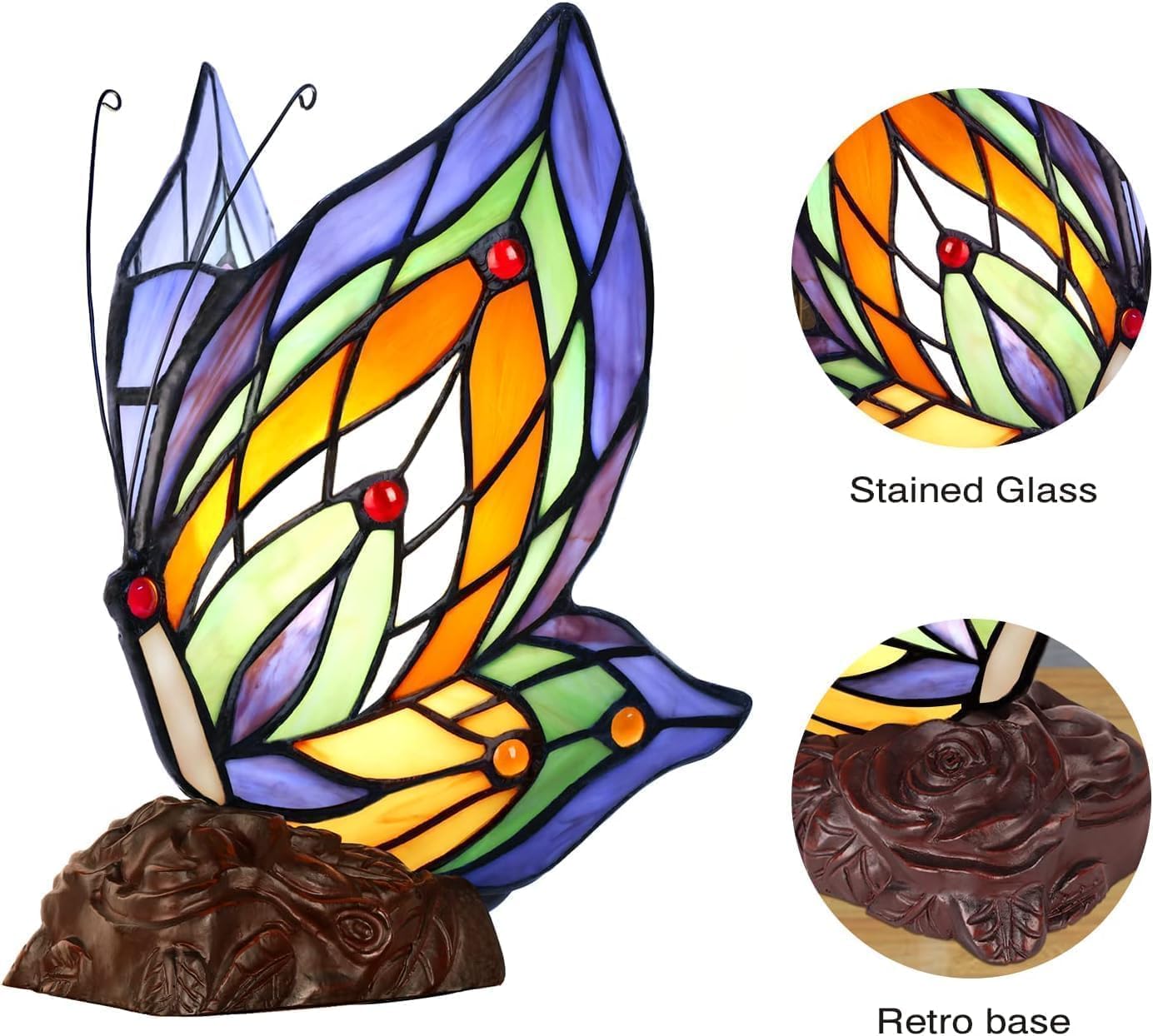 Tiffany Butterfly Table Lamp, 9'' Tall Vintage Stained Glass Lamp, Fairy Reading Night Light for Bedroom Living Room, 1 LED Bulb Included