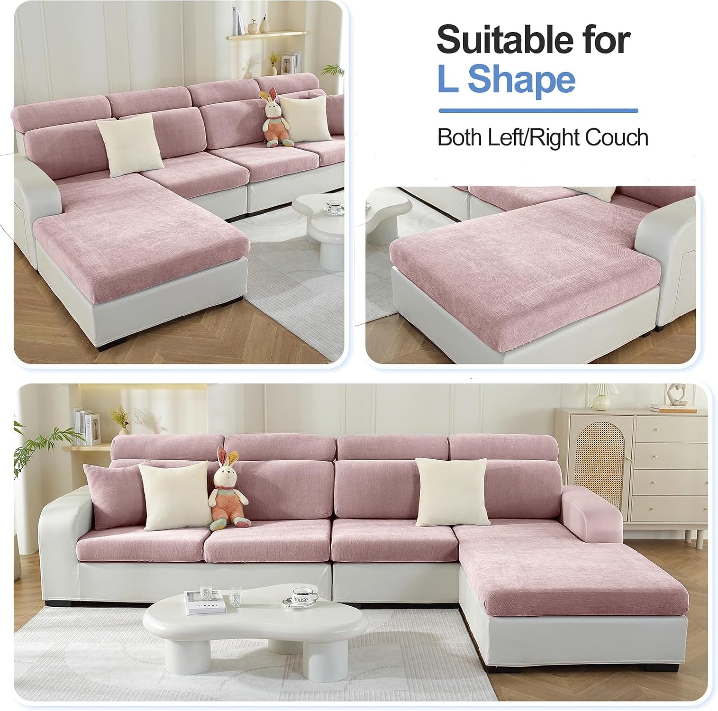 Sectional Couch Covers for L Shaped Sectional Sofa (Left or Right Facing) – Softer Chenille Sofa Covers Washable, Non-Slip Stretch Chaise Slipcover (Only 1PC Chaise Cushion Cover, Pale Pink)