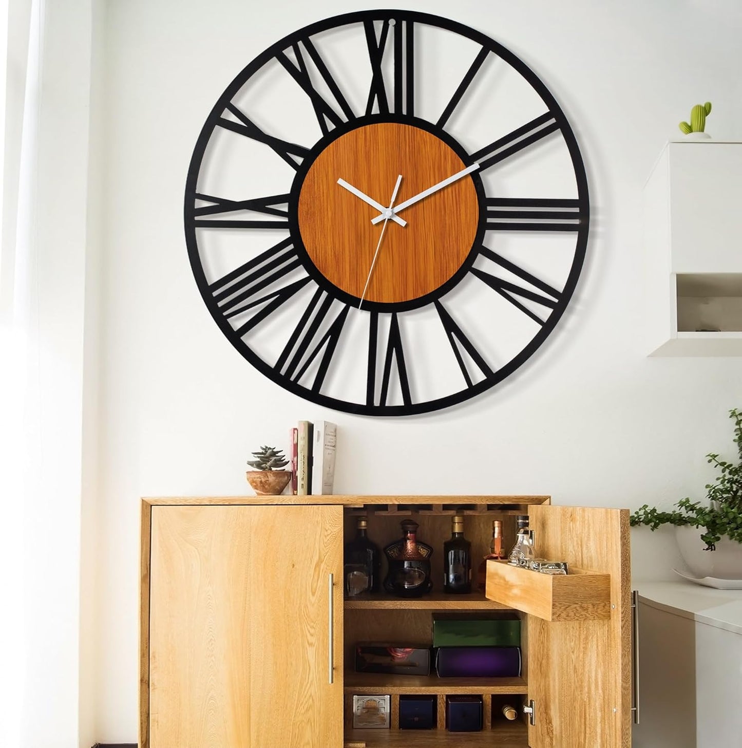 LEIKE 32" Oversized Large Wall Clocks,Silent,Non Ticking,Battery Operated Modern Round Big Wood Decorative Metal Wall Clock for Living Room, Bedroom,Kitchen,Farmhouse,Office Decor - Black,32 Inch