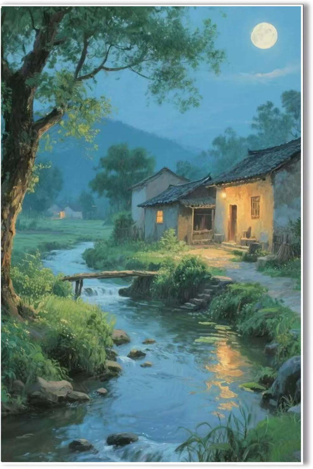 Moonlight under the big tree creek cabin scenery is suitable for posting in the living room bedroom office scenery poster wall painting