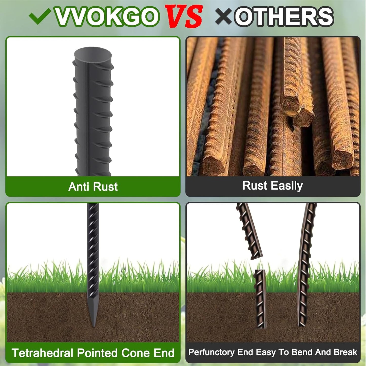 VVOKGO Rebar Stakes 48 Inch 8-Pack Concrete Form Stakes Heavy Duty Straight Ground Anchors, 3/8" Diameter Metal Steel Spikes with Chisel Point End for Plant Support, Garden Border,Landscape Edging