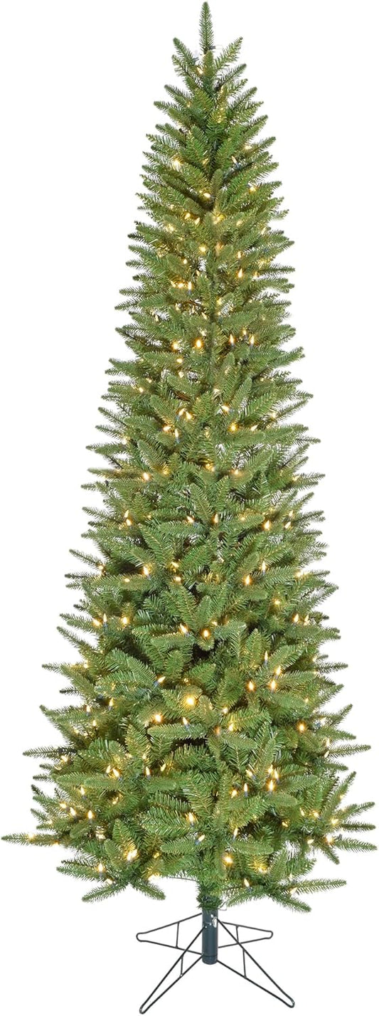 Fraser Hill Farm 7.5-Ft. Winter Falls Artificial Christmas Tree with Warm White LED Lights and Metal Base, Slim Holiday Tree with 8 Unique Light Functions, Perfect for Small Spaces and Apartments