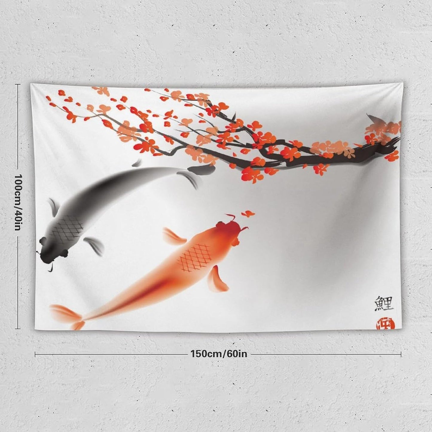 Japanese Koi Fish Tapestry, Cherry Blossoms Asian Oriental Flower Branch Koi Fish Carp Tapestries Wall Hanging for Bedroom Living Room Office Decor 60"x40"