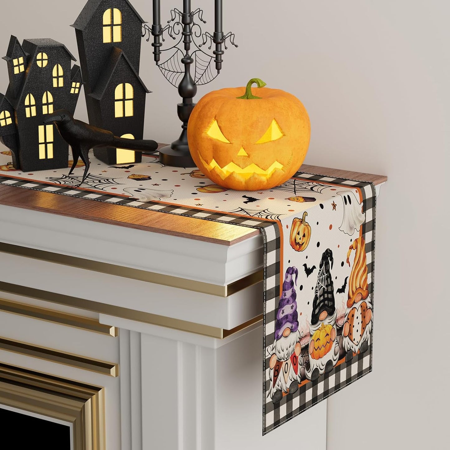 XCHI Spooky Boo Plaid Gnome Halloween Table Runner Party Table Decoration for Home Kitchen Dining Holiday Decor 13x60 Inch