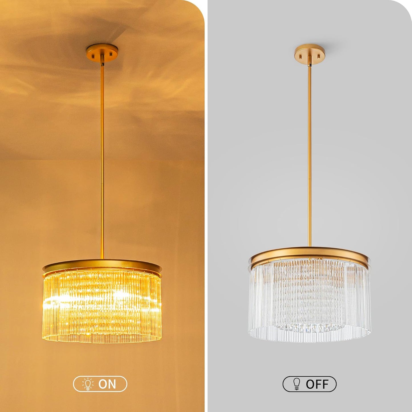 4-Lights Drum Glass Chandelier, Modern Style Light Fixture for Dining Room, Bedroom, Ripple Glass Shade & Brass Finish, D16.5 * H18~48 inch (Adjustable Height)