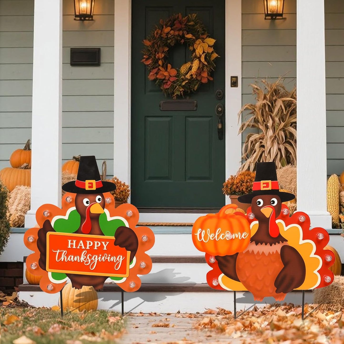 2 PCS Fall Decorations Outdoor Metal Happy Thanksgiving Decorative Garden Stakes with Led Light Welcome Pumpkin Turkey Yard Signs Fall Harvest Lawn Garden Lawn Pathway Decor