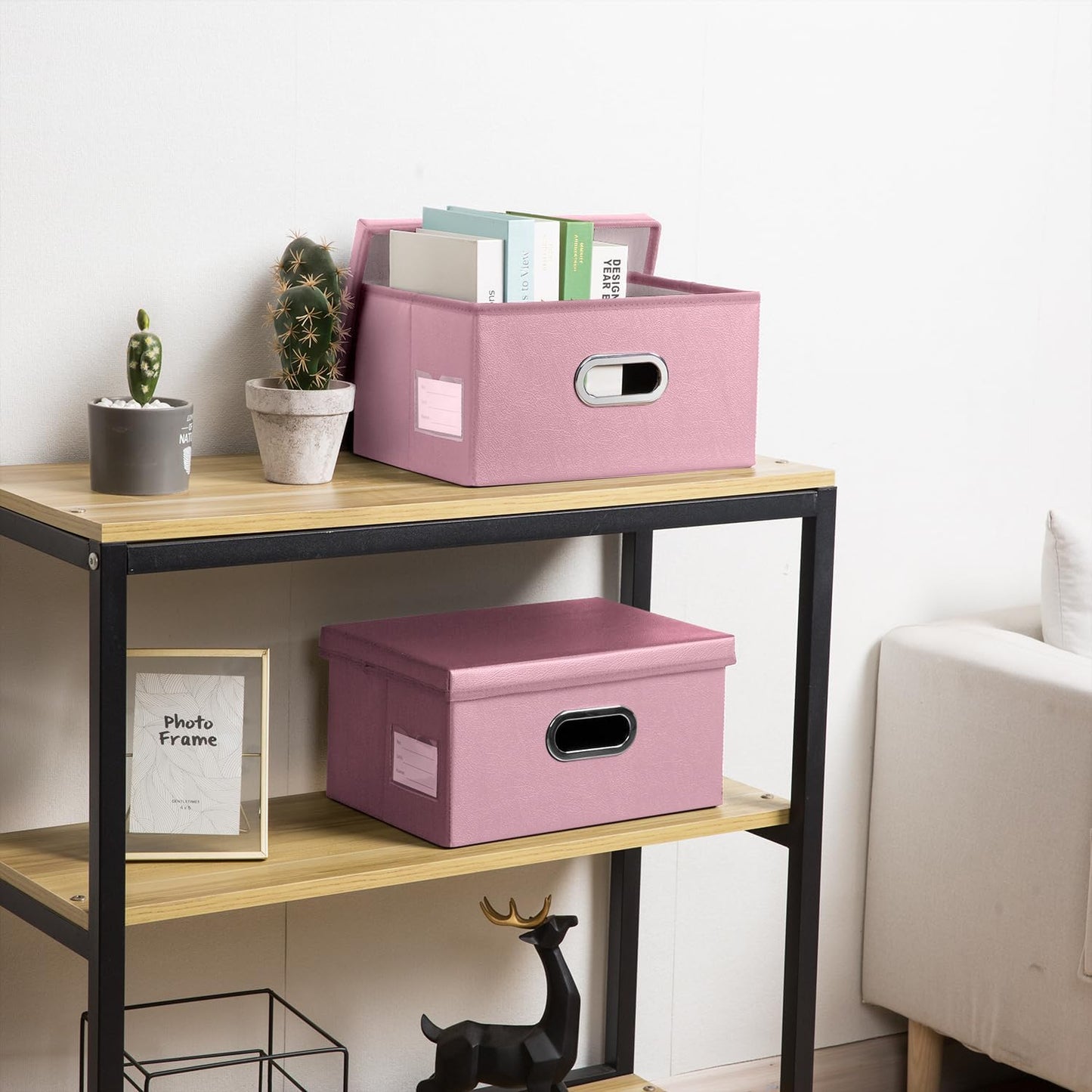 PRANDOM Collapsible Storage Box with Lid [3-Pack] Leather Fabric Foldable Storage Bin Organizer Container Basket Cube with Cover for Home Bedroom Closet Office Nursery Pink(13.6x9.6x6.9)