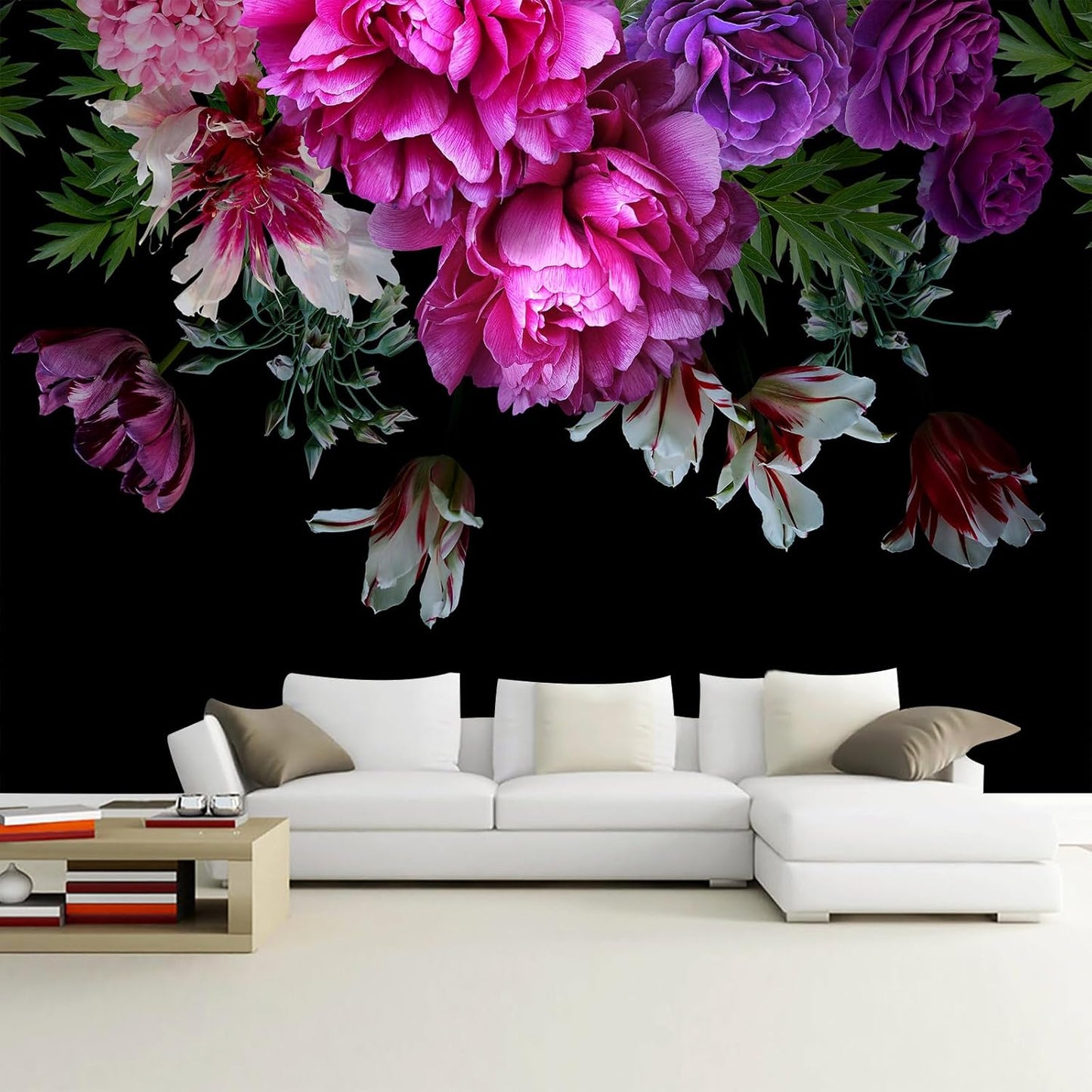 WFBHUA-Purple Peony Floral Wallpaper Tropical Botanical Leaf Rose Flower Wall Mural for Bedroom(Not Peel and Stick)