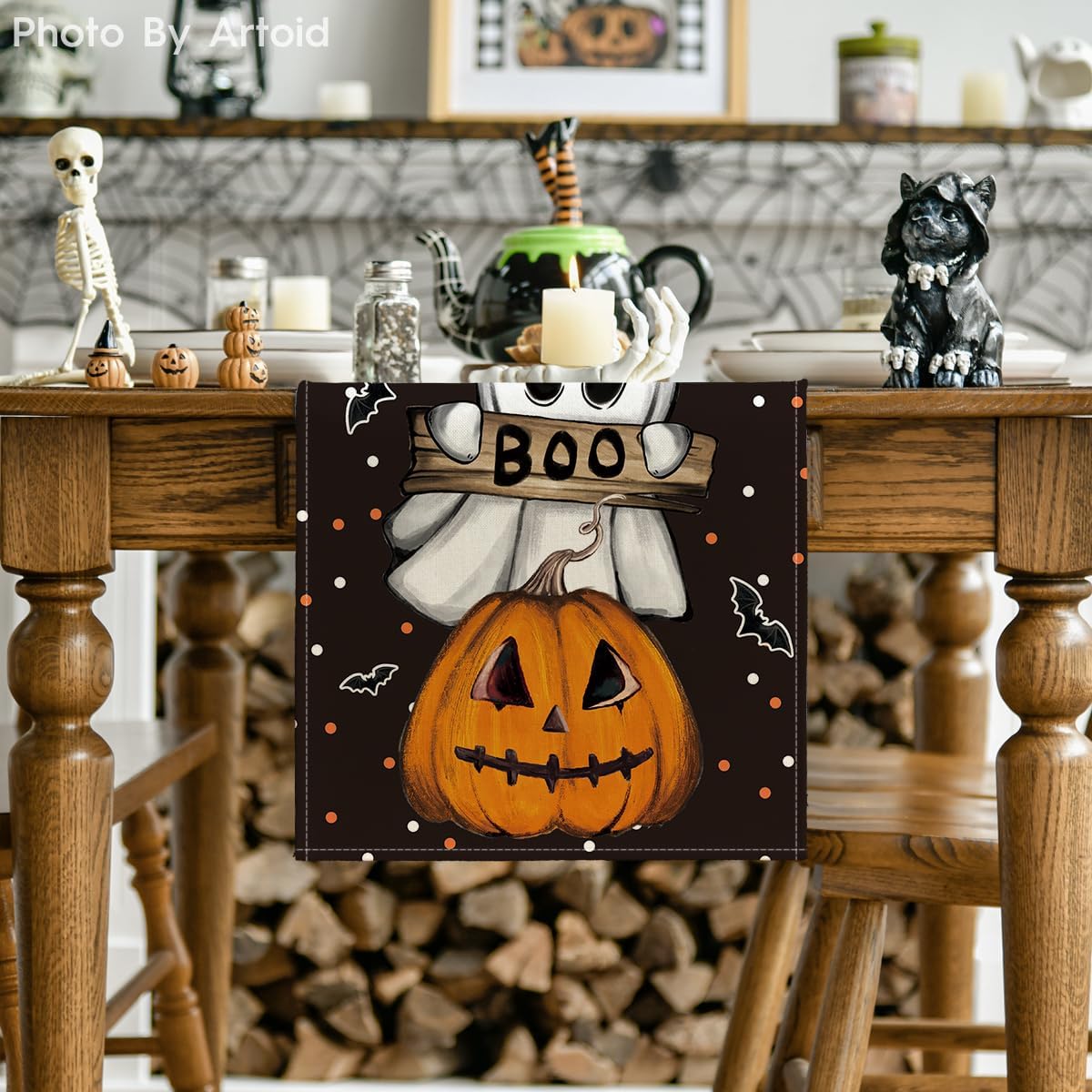 Artoid Mode Polka Dot Ghost Pumpkin Cat Boo Halloween Table Runner, Bat Seasonal Fall Kitchen Dining Table Decoration for Home Party Decor 13x36 Inch