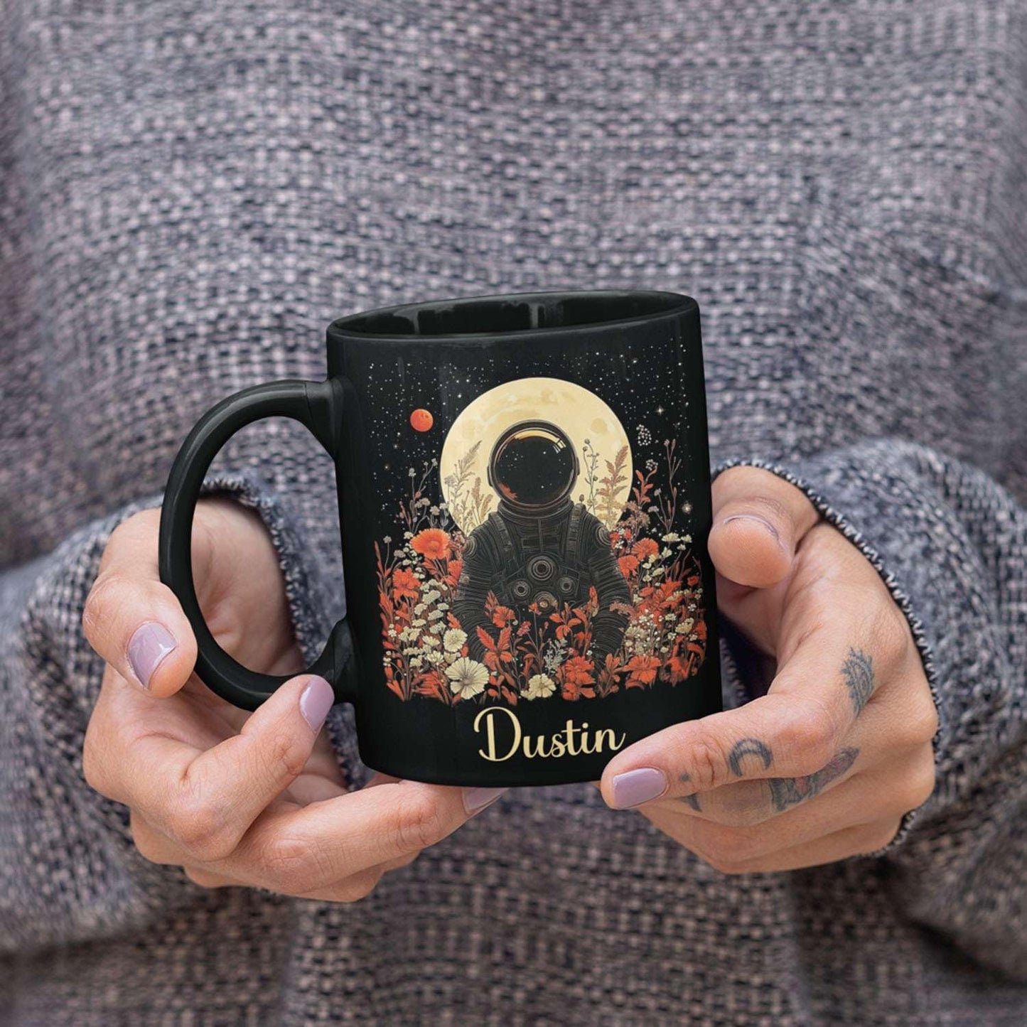 Astronaut with Moon and Wildflowers Coffee Mug, Custom Name Ceramic Cup 11oz 15oz, Unique Astronaut Coffee Cup for Friends, Personalized Astronomy Black Mug, Gifts for Birthday