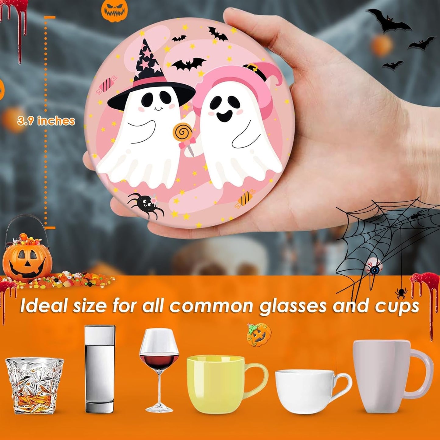 Coaster for Drinks Set of 6, Happy Halloween Cute Ghost Groovy Pink Absorbent Round Ceramic Stone Mat, with Cork Base and Metal Holder, Gift for Housewarming Room Bar Decor