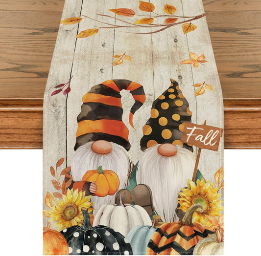Artoid Mode Wood Gnomes Pumpkins Sunflower Maple Leaves Fall Table Runner, Kitchen Dining Table Decoration for Home Party Decor 13 x 48 Inch