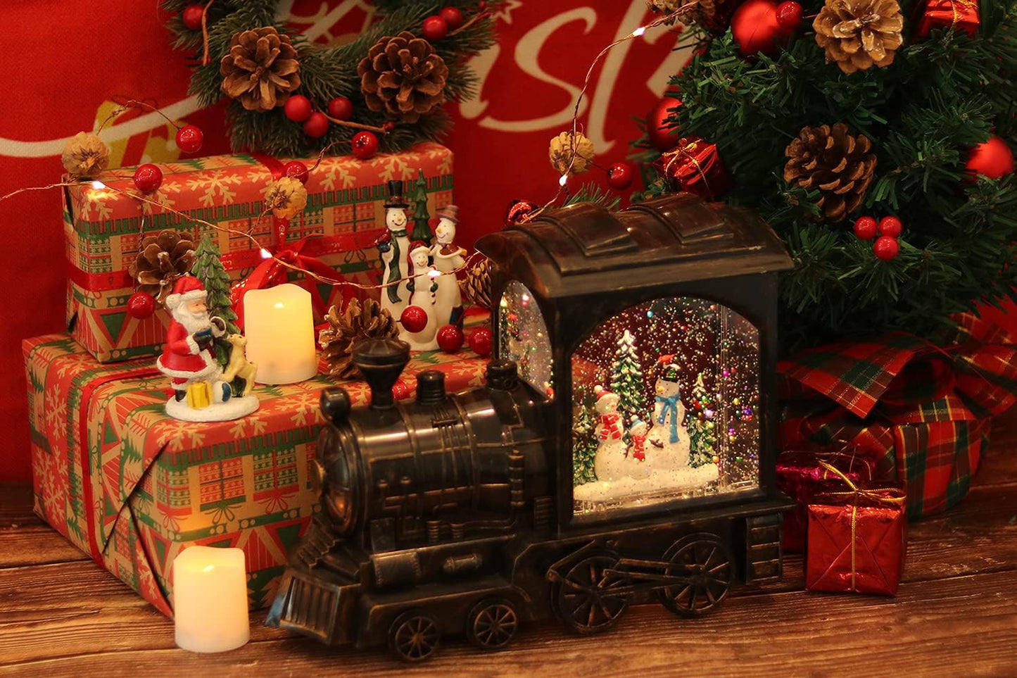 GenSwin Lighted Christmas Snow Globe Lantern, Battery Operated Snowman Musical Train LED Water Glittering with 6H Timer, Christmas Home Decoration Gift(Copper)