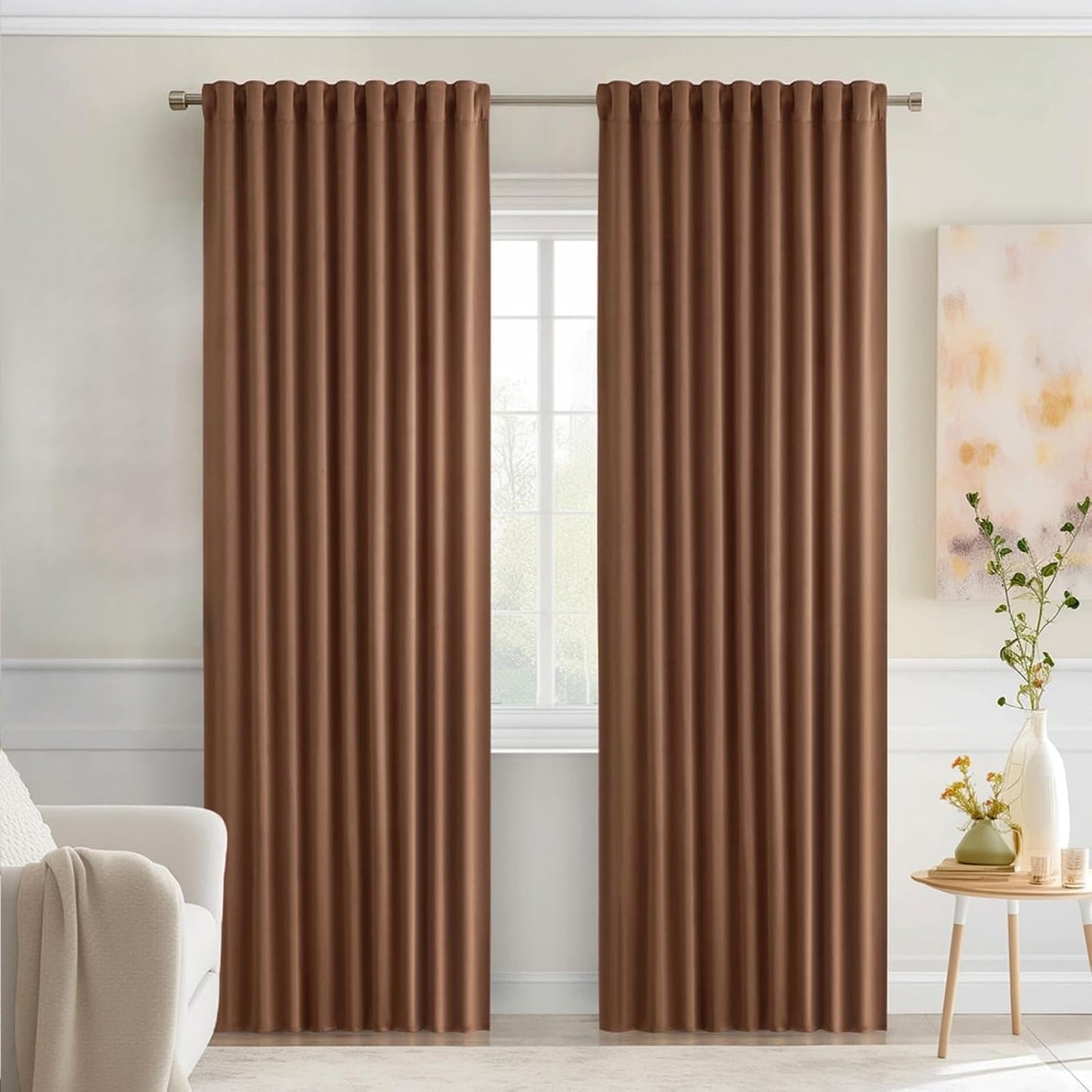 MIULEE Back Tab Blackout Curtains 90 Inch Long 2 Panels Set for Living Room Bedroom, Rod Pocket/Pinch Pleated Thermal Insulated Room Darkening Light Blocking Curtain, 52 x 90 Inch, Cappuccino Brown